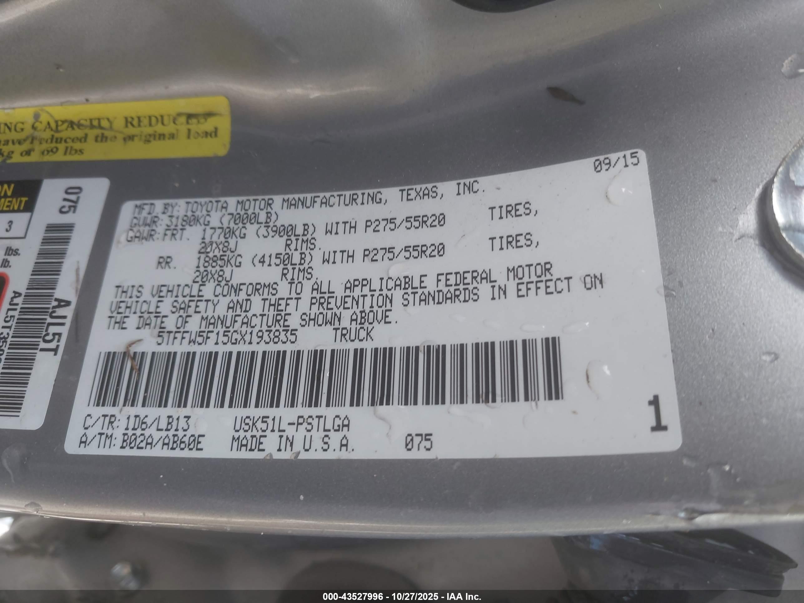 2016 Toyota Tundra Limited 5.7l V8 Серебряный vin: 5TFFW5F15GX193835