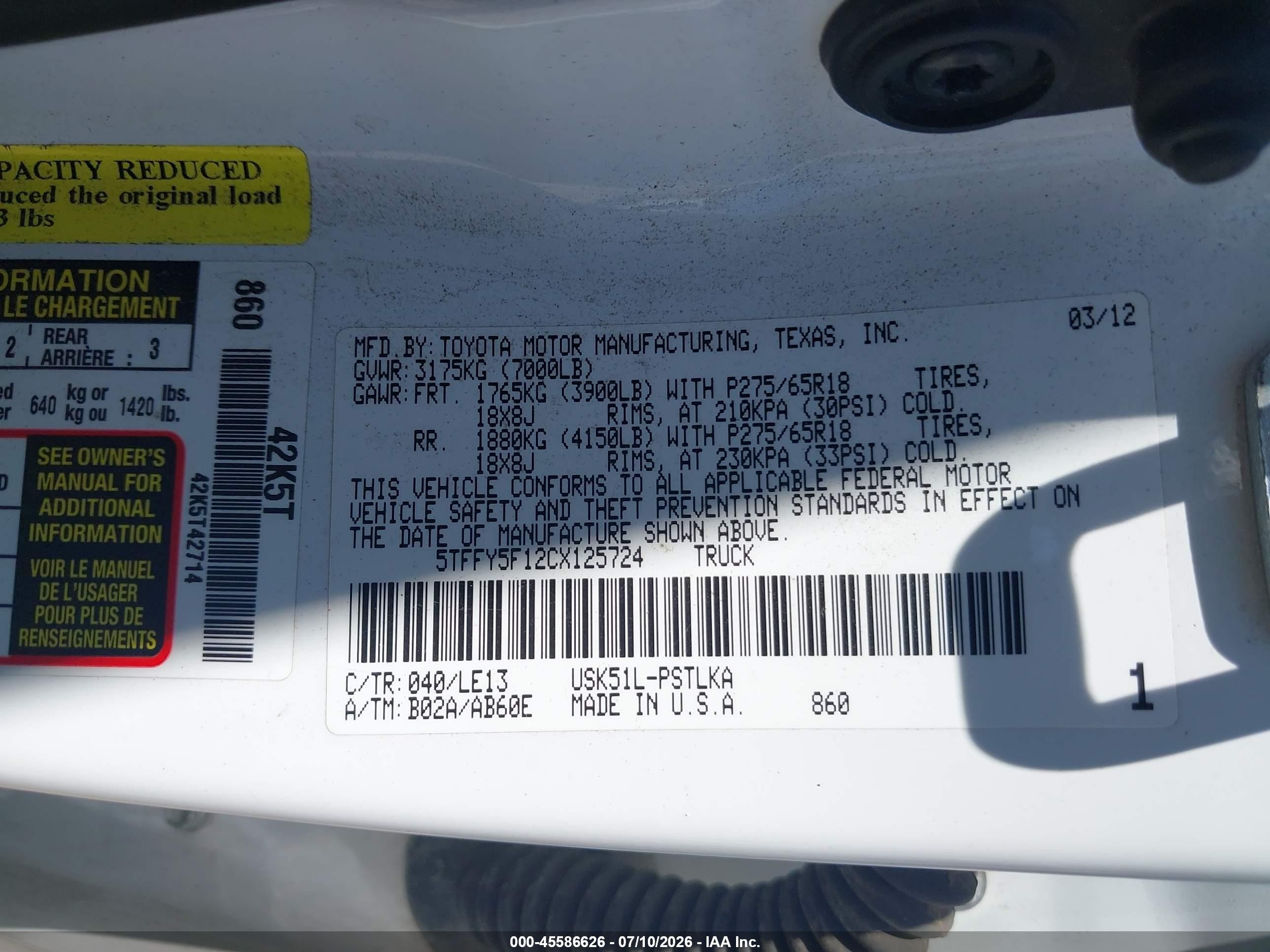 2012 Toyota Tundra Limited 5.7l V8 White vin: 5TFFY5F12CX125724