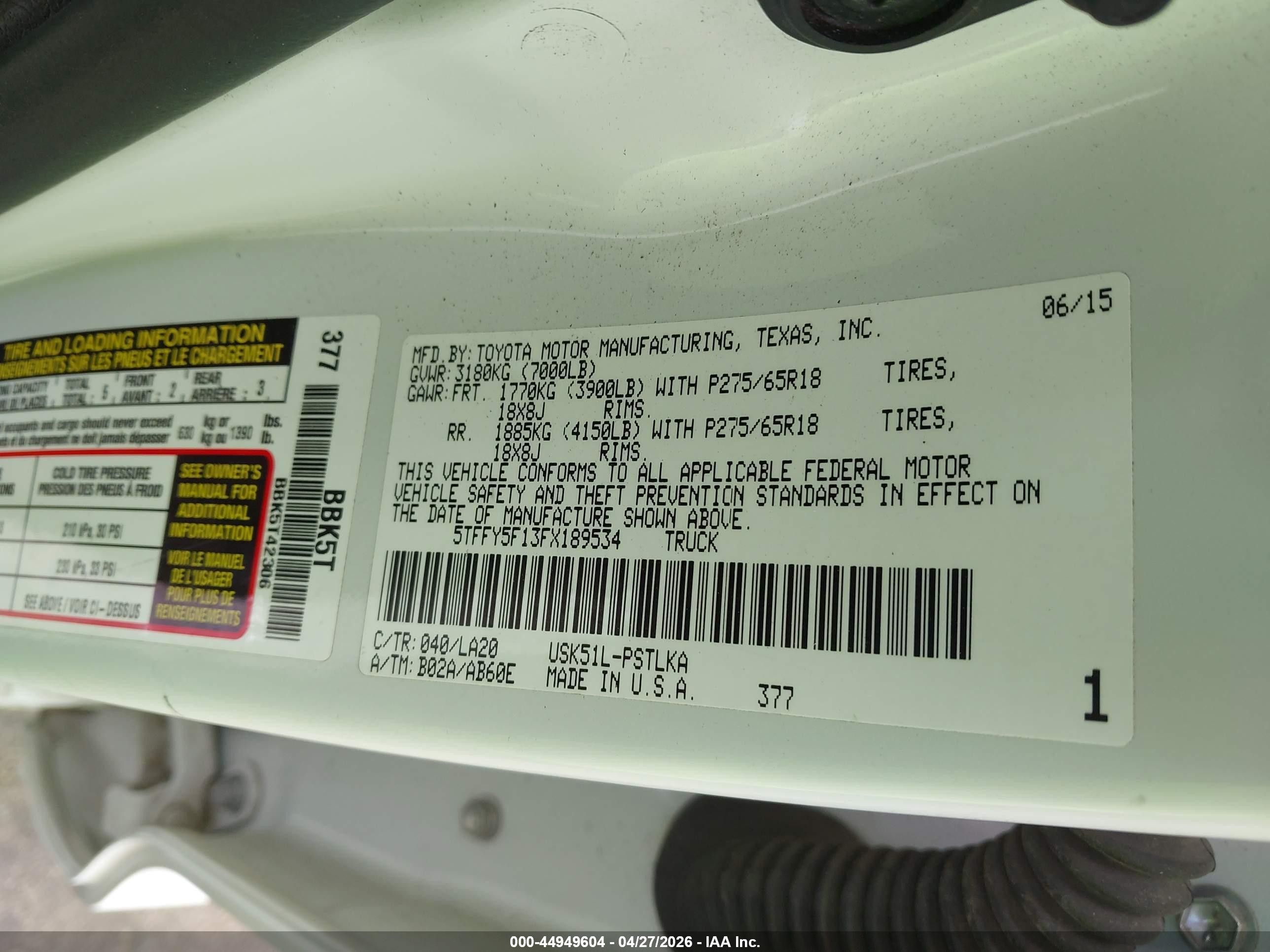 2015 Toyota Tundra Limited 5.7l V8 White vin: 5TFFY5F13FX189534