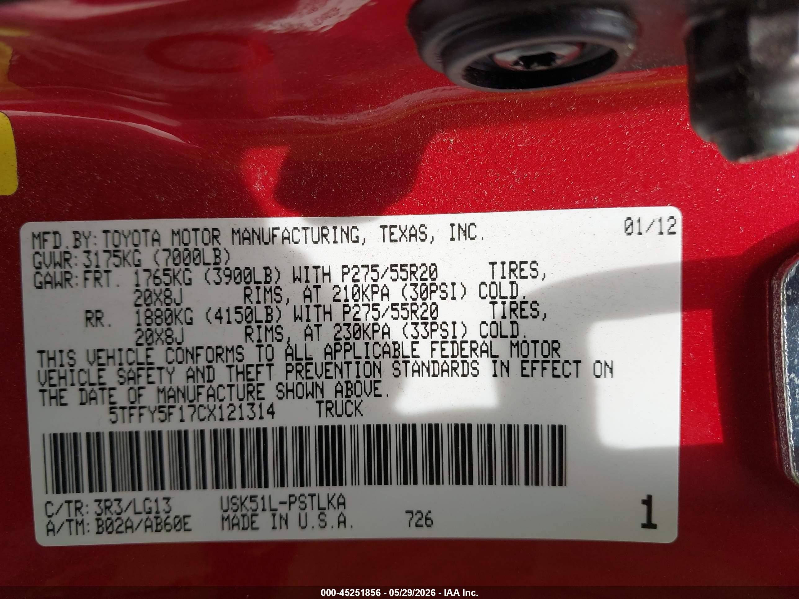 2012 Toyota Tundra Limited 5.7l V8 Красный vin: 5TFFY5F17CX121314