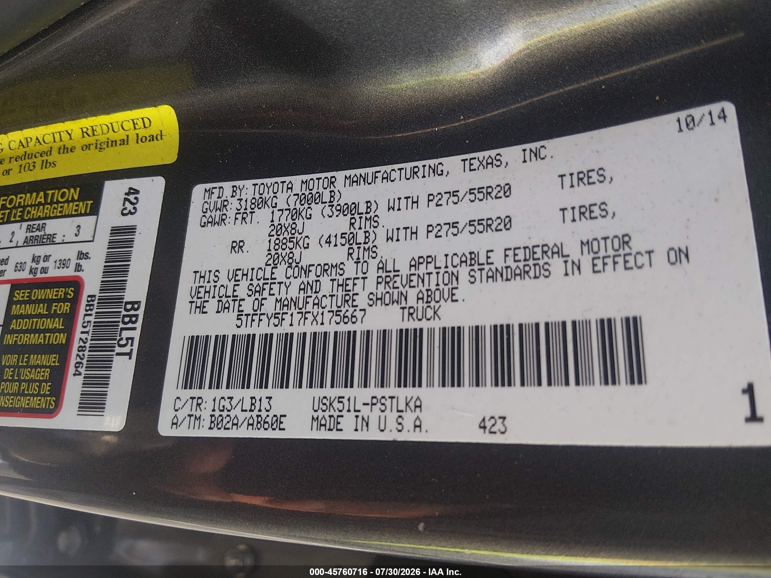 2015 Toyota Tundra Limited 5.7l V8 Gray vin: 5TFFY5F17FX175667