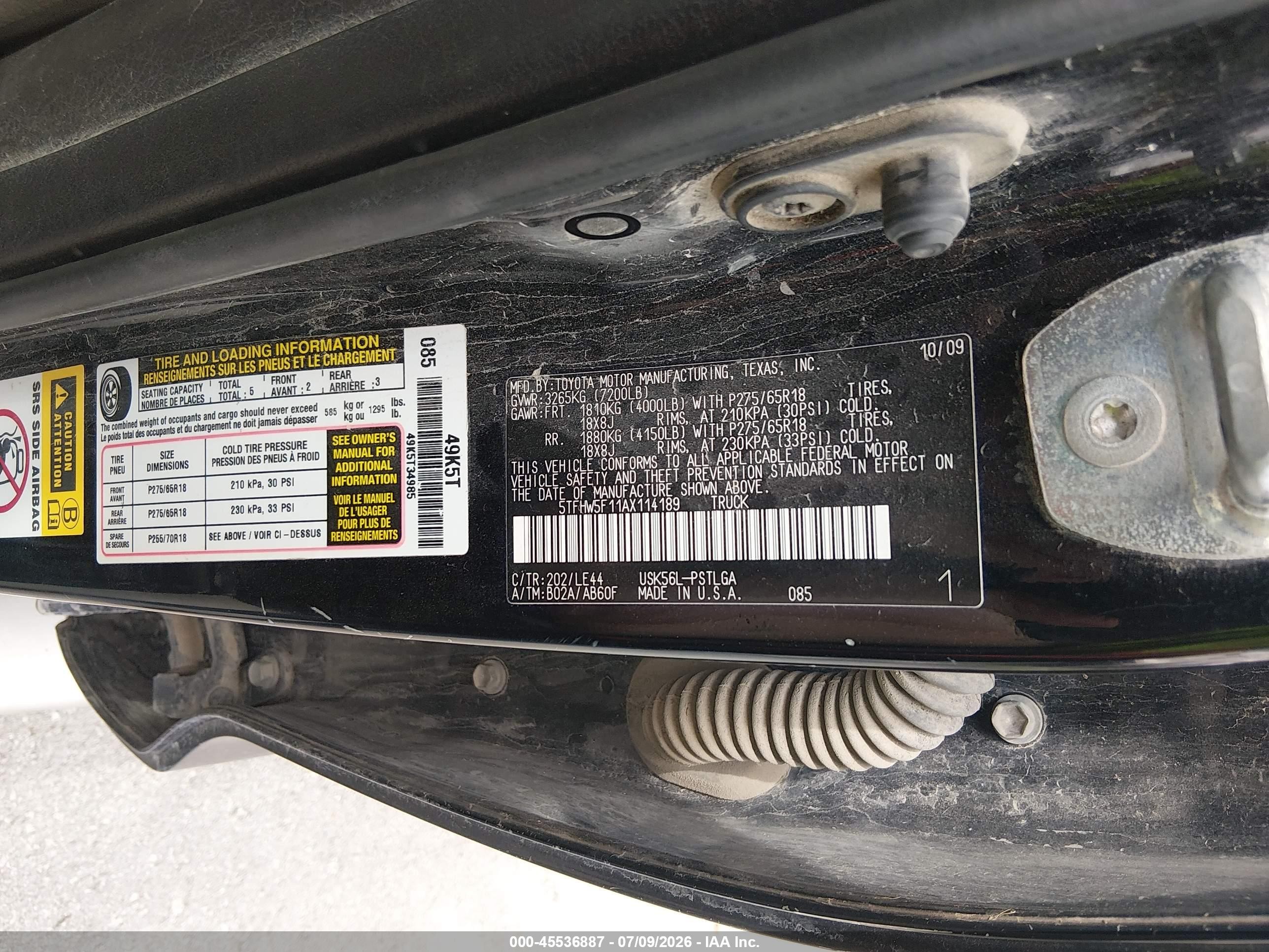 2010 Toyota Tundra Limited 5.7l V8 Черный vin: 5TFHW5F11AX114189