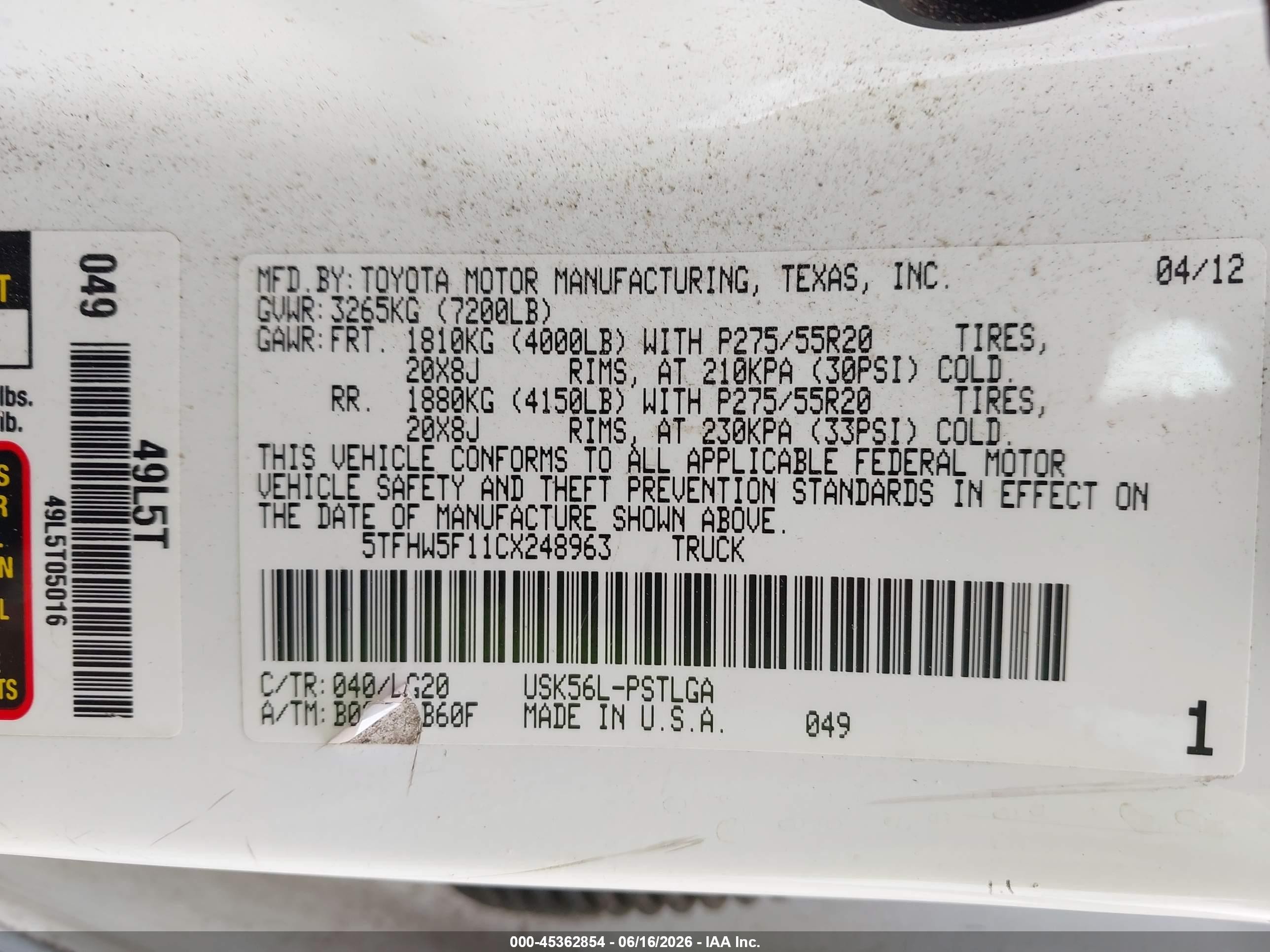 2012 Toyota Tundra Limited 5.7l V8 White vin: 5TFHW5F11CX248963