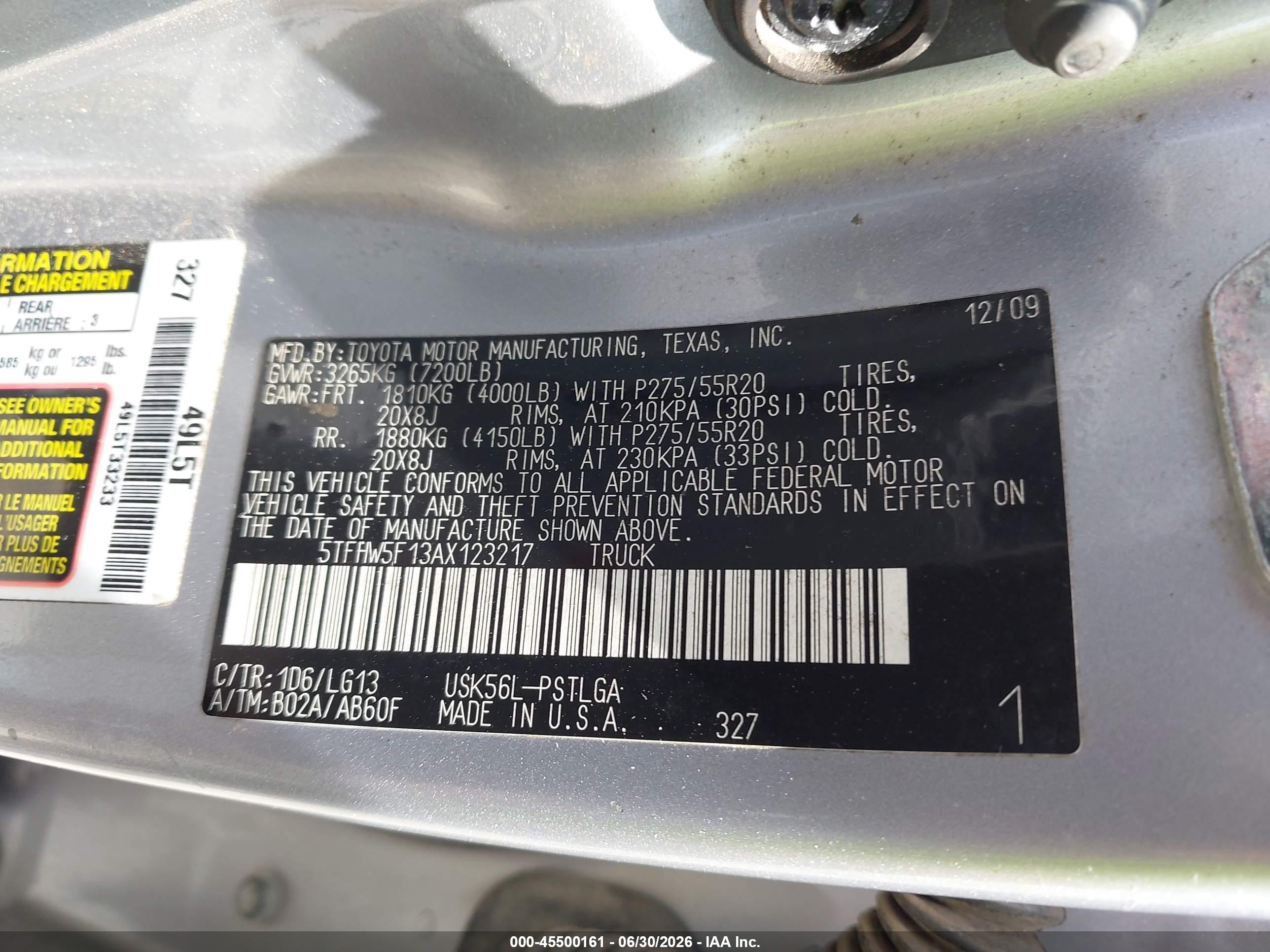 2010 Toyota Tundra Limited 5.7l V8 Silver vin: 5TFHW5F13AX123217
