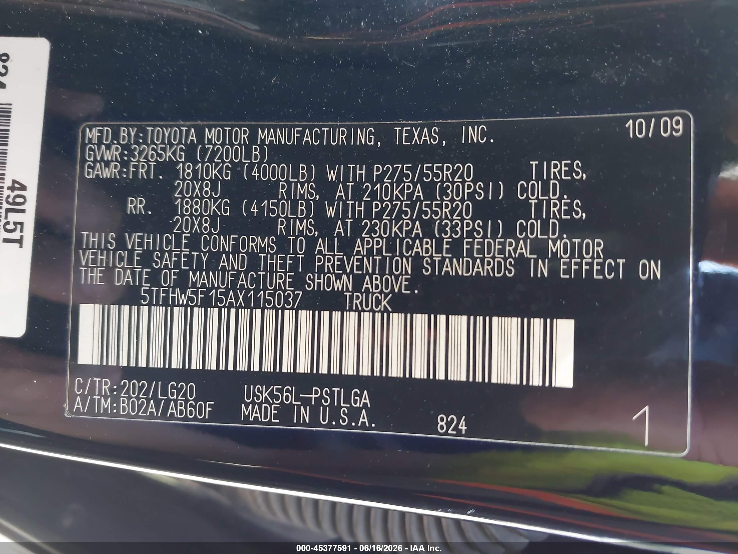 2010 Toyota Tundra Limited 5.7l V8 Black vin: 5TFHW5F15AX115037