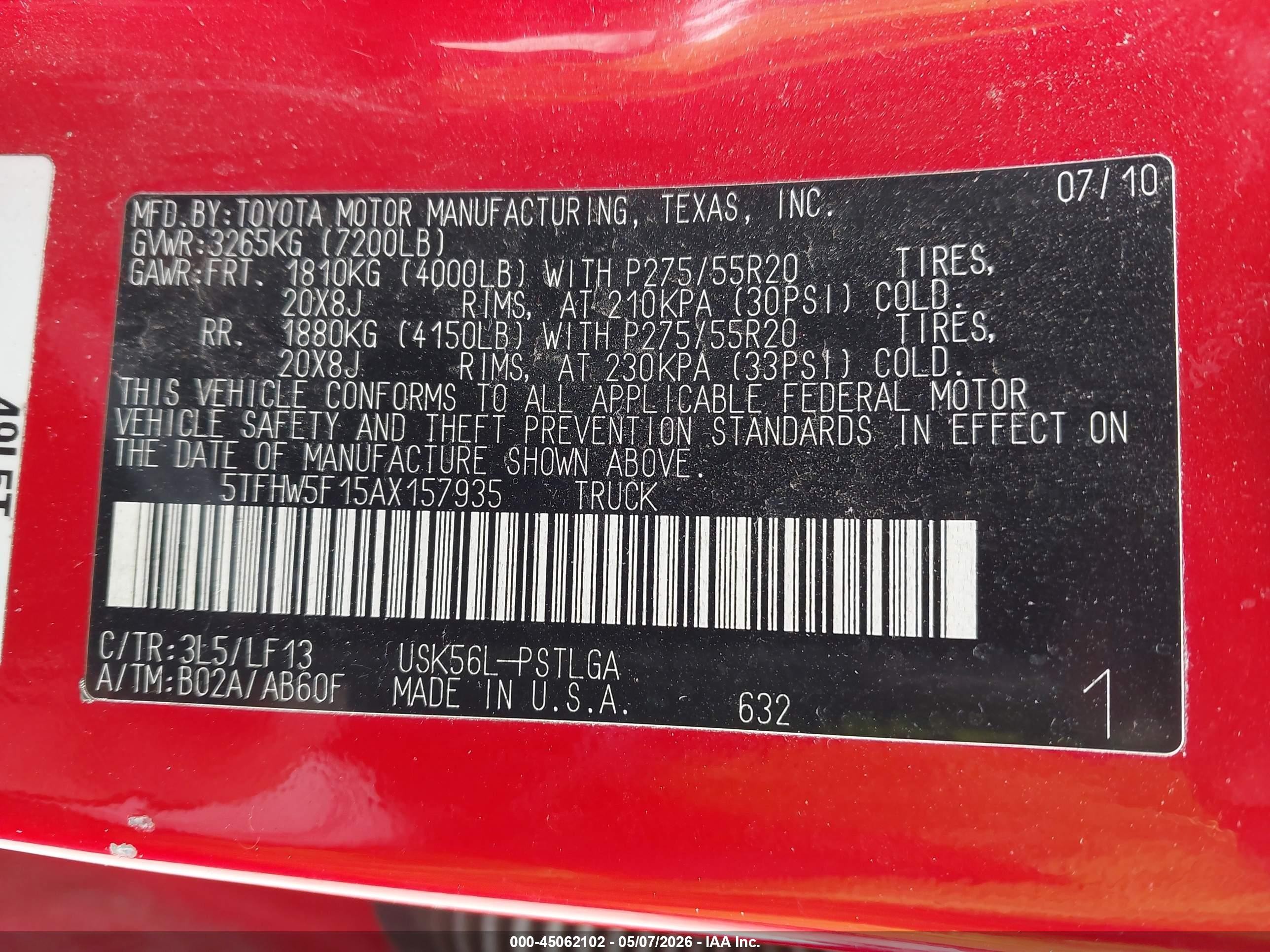 2010 Toyota Tundra Limited 5.7l V8 Red vin: 5TFHW5F15AX157935
