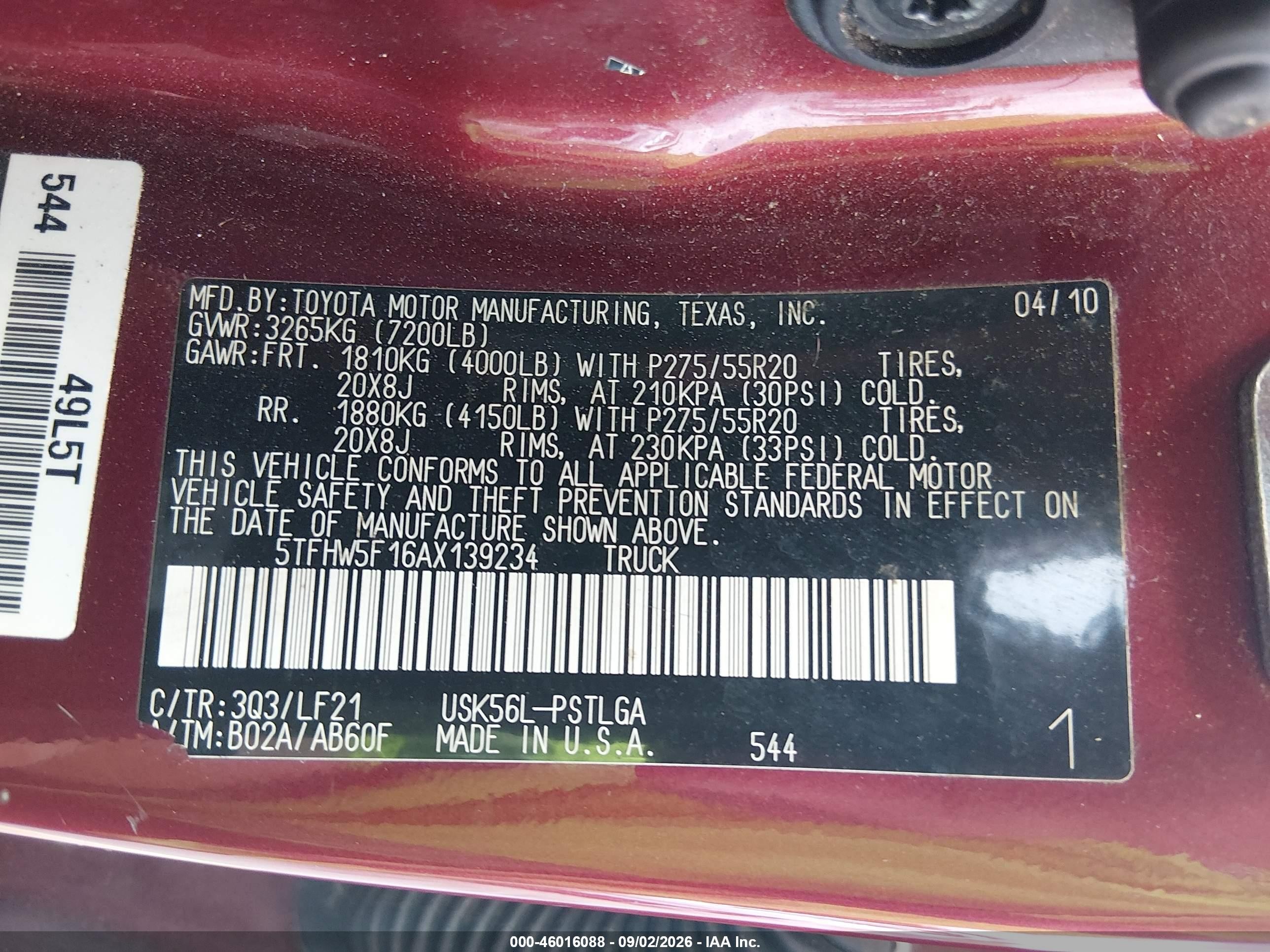 2010 Toyota Tundra Limited 5.7l V8 Red vin: 5TFHW5F16AX139234