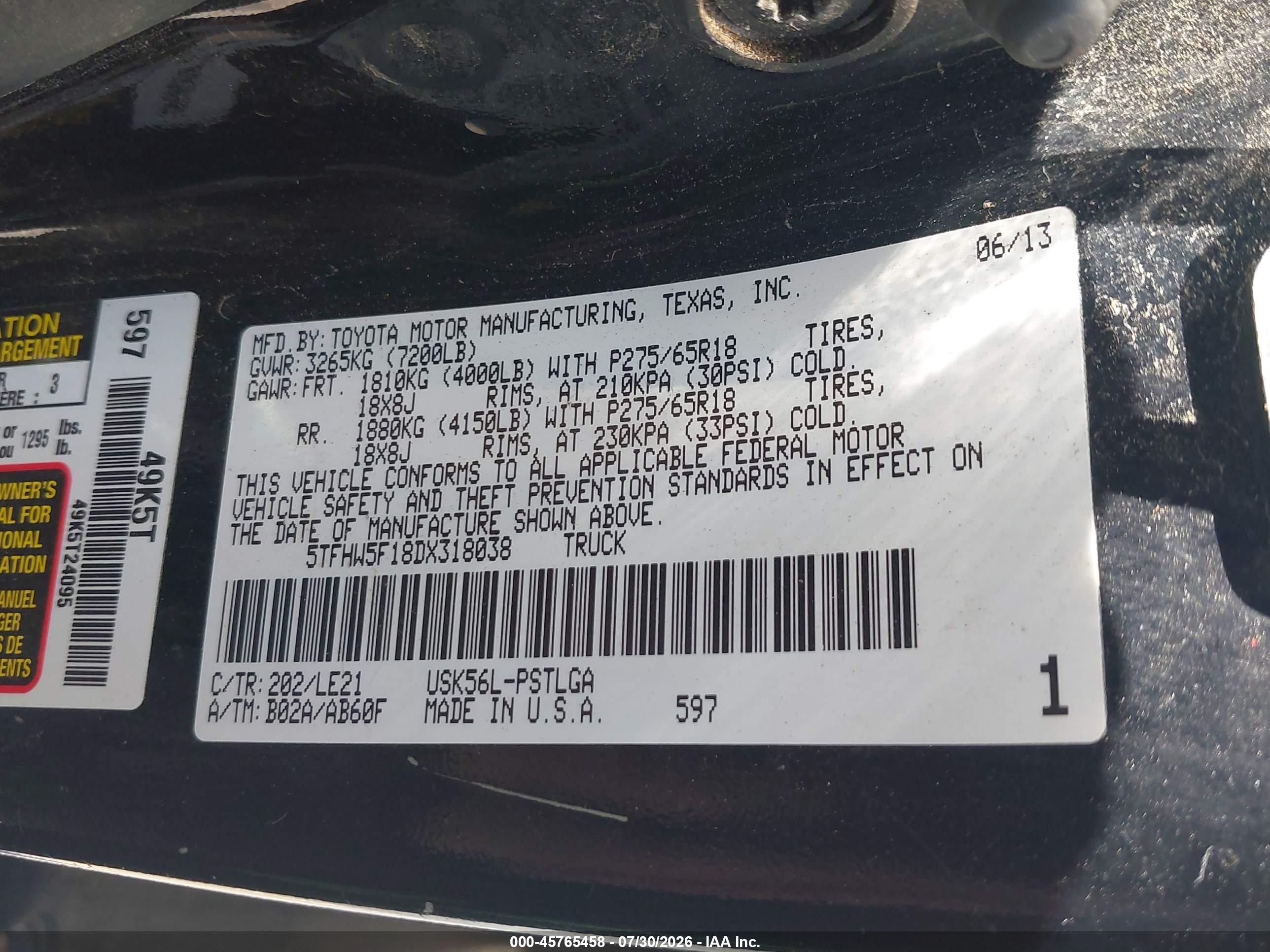 2013 Toyota Tundra Limited 5.7l V8 Черный vin: 5TFHW5F18DX318038
