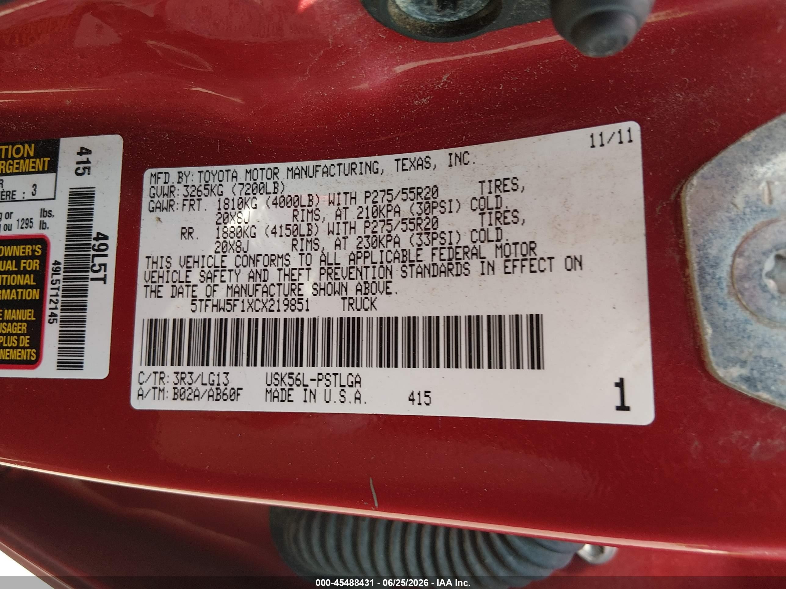 2012 Toyota Tundra Limited 5.7l V8 Red vin: 5TFHW5F1XCX219851