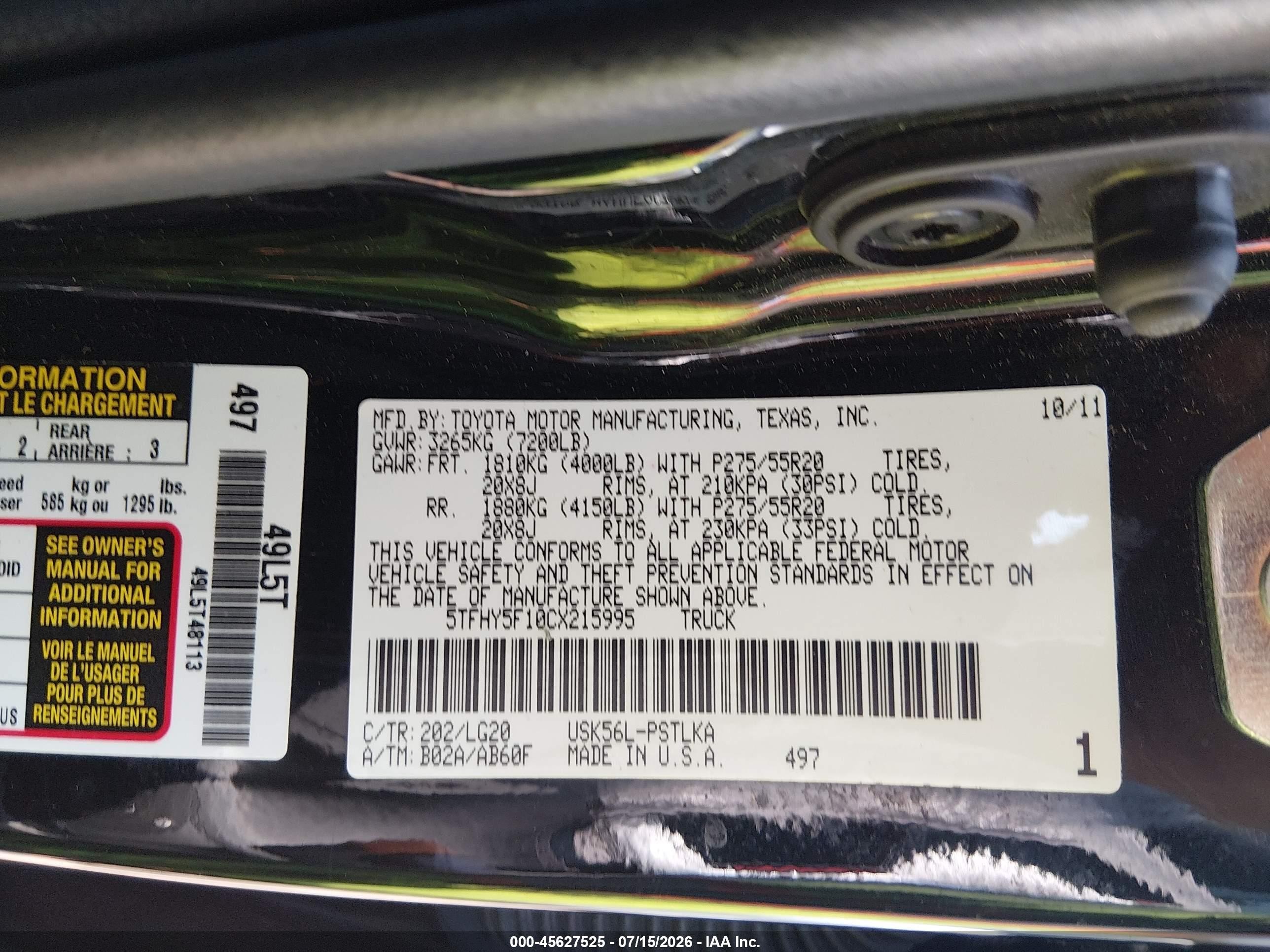 2012 Toyota Tundra Limited 5.7l V8 Black vin: 5TFHY5F10CX215995