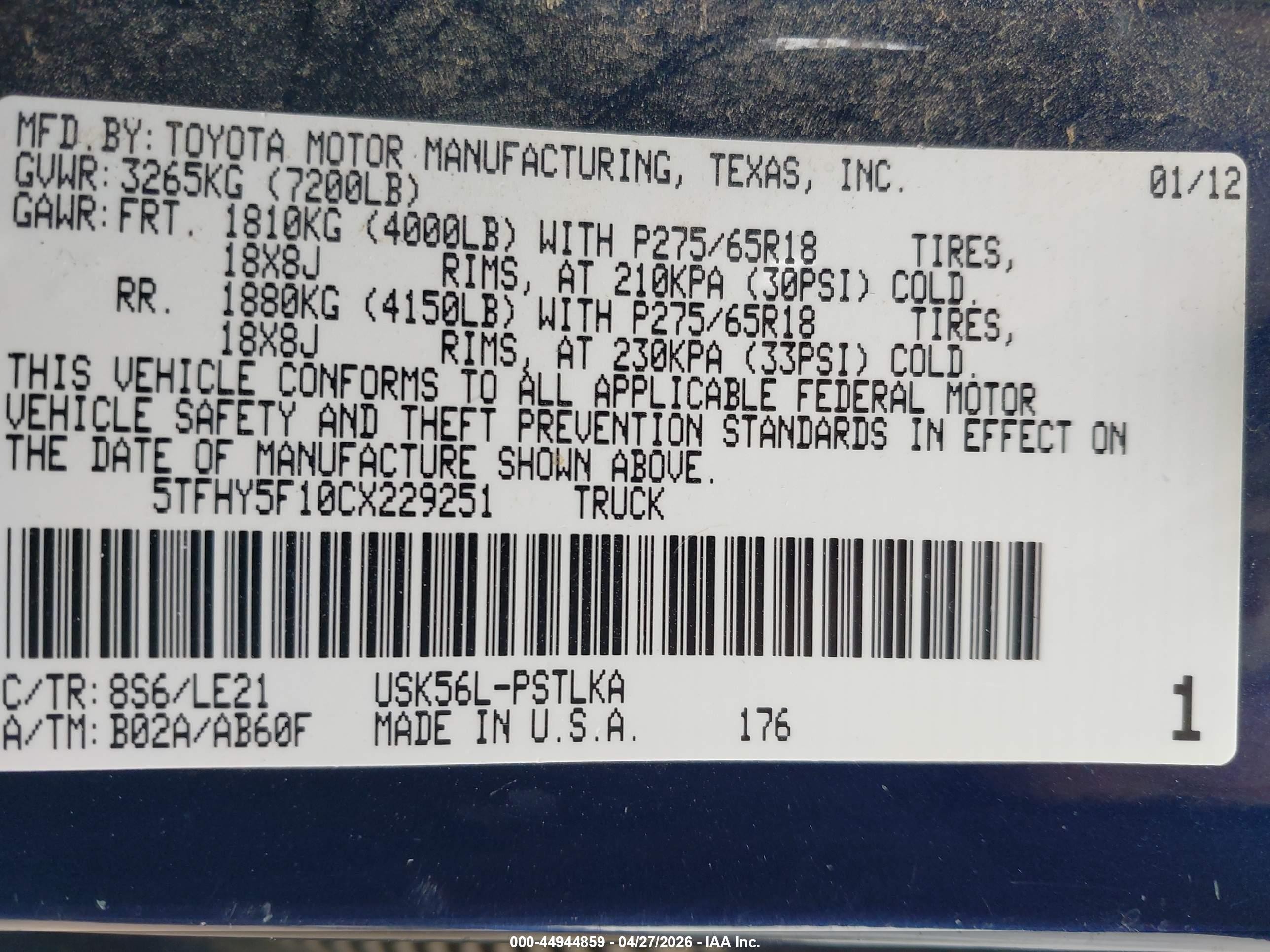 2012 Toyota Tundra Limited 5.7l V8 Blue vin: 5TFHY5F10CX229251