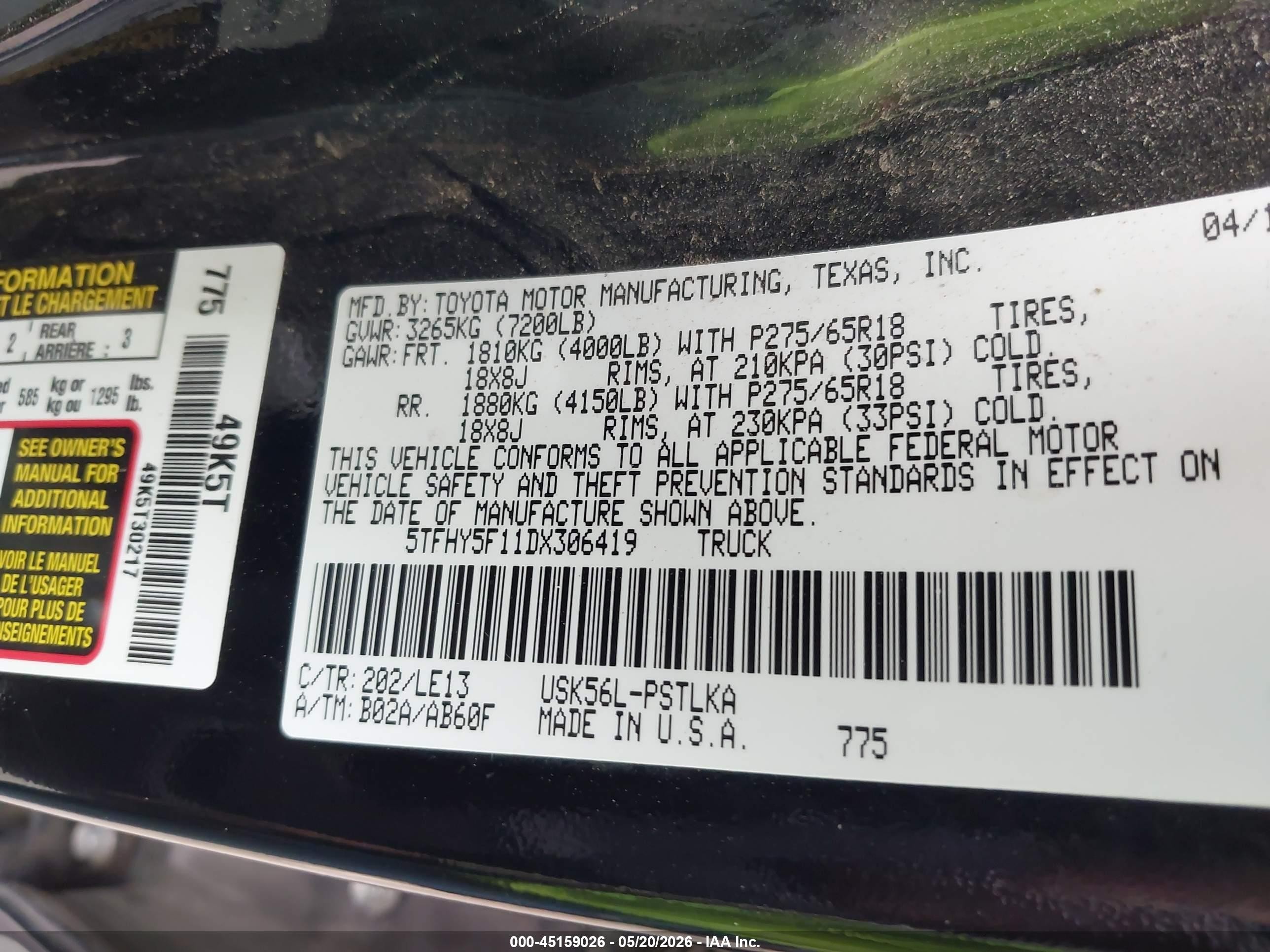 2013 Toyota Tundra Limited 5.7l V8 Black vin: 5TFHY5F11DX306419