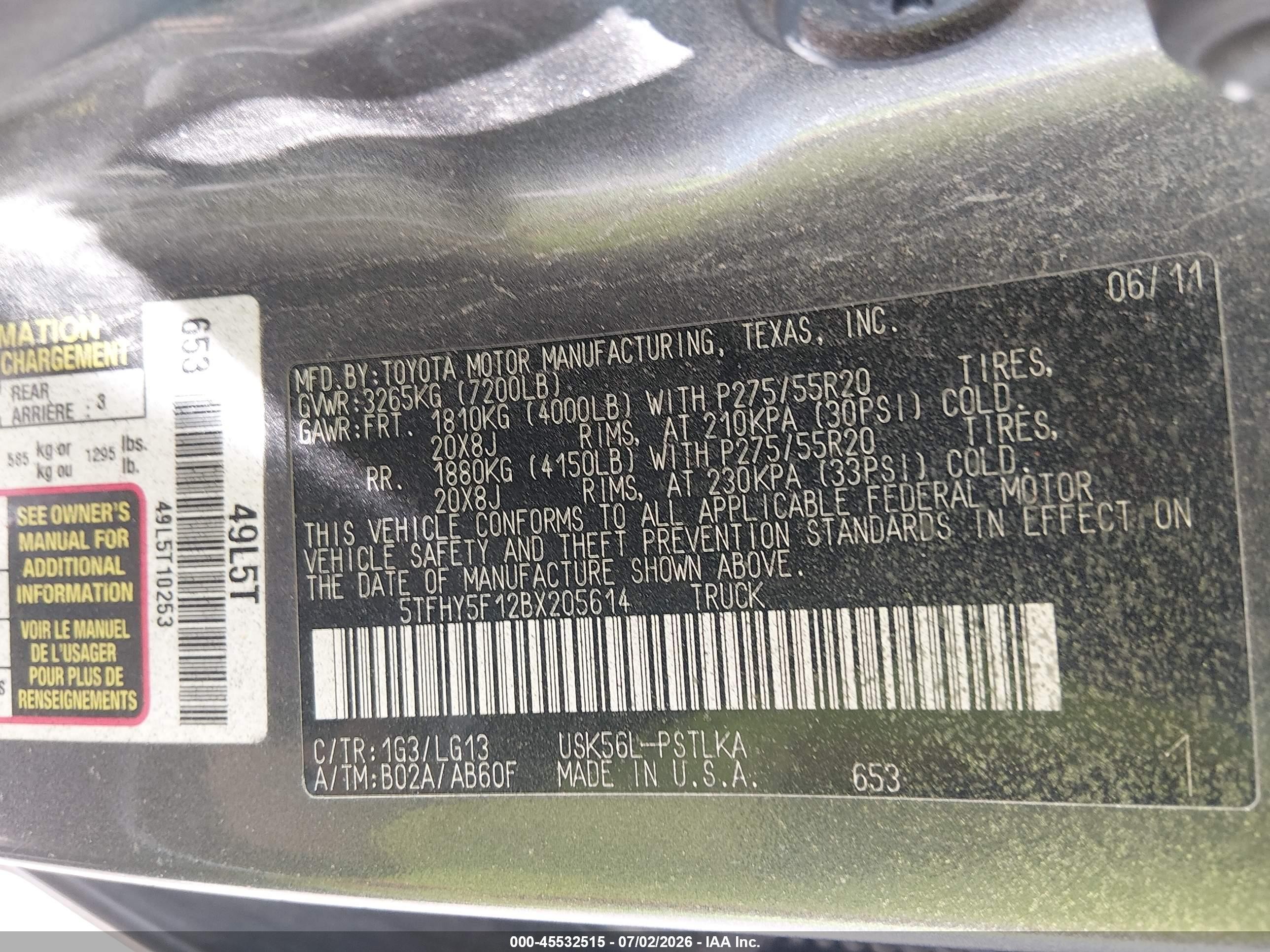 2011 Toyota Tundra Limited 5.7l V8 Gray vin: 5TFHY5F12BX205614