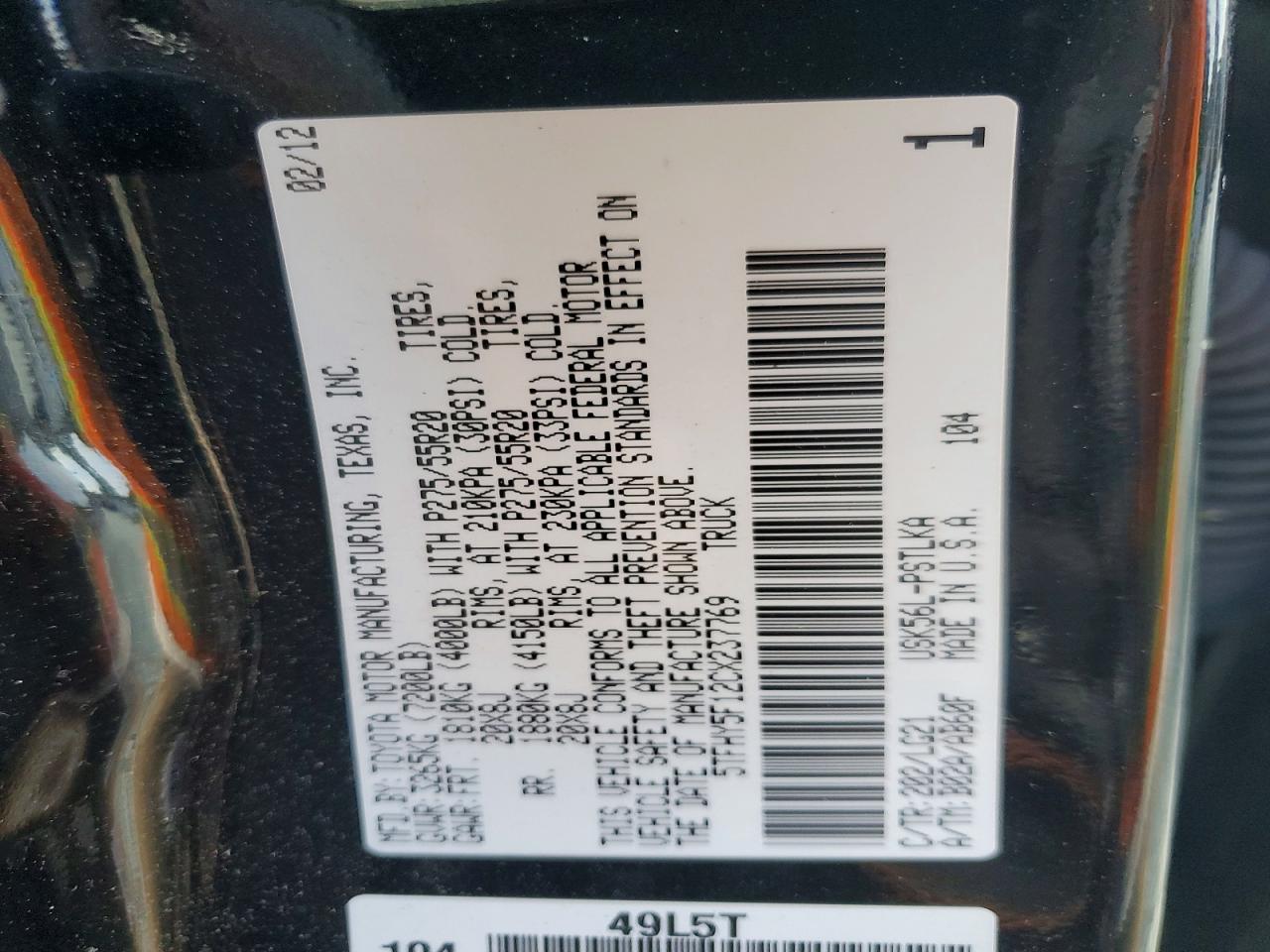 2012 Toyota Tundra Crewmax Limited Black vin: 5TFHY5F12CX237769