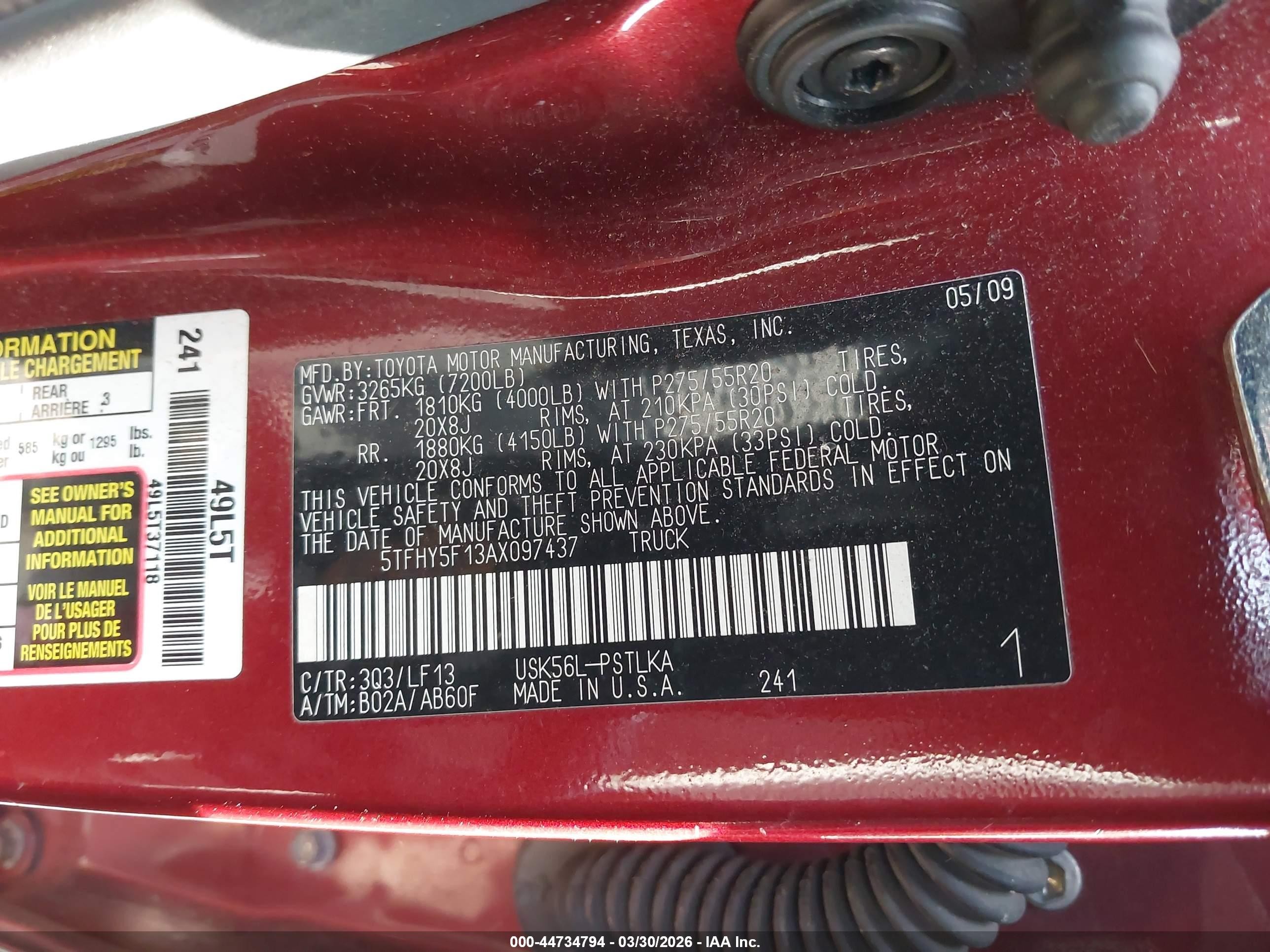 2010 Toyota Tundra Limited 5.7l V8 Burgundy vin: 5TFHY5F13AX097437