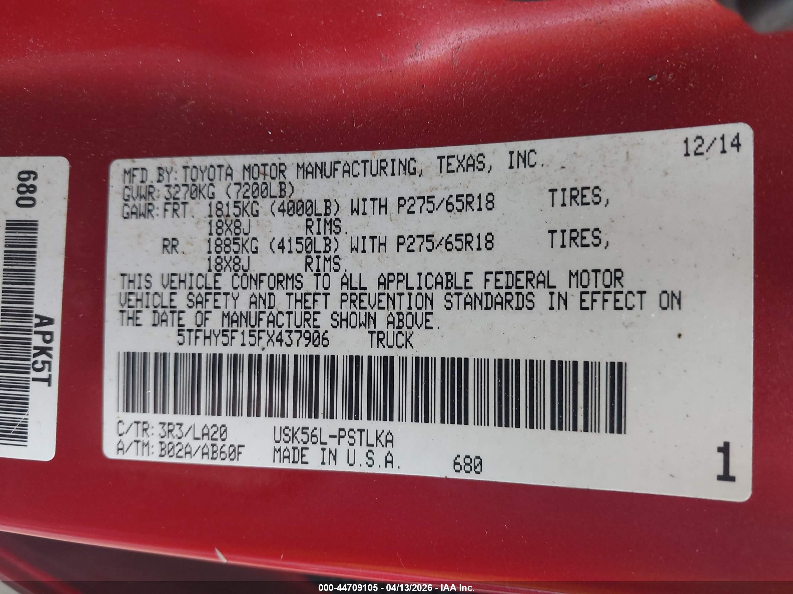2015 Toyota Tundra Limited 5.7l V8 Maroon vin: 5TFHY5F15FX437906