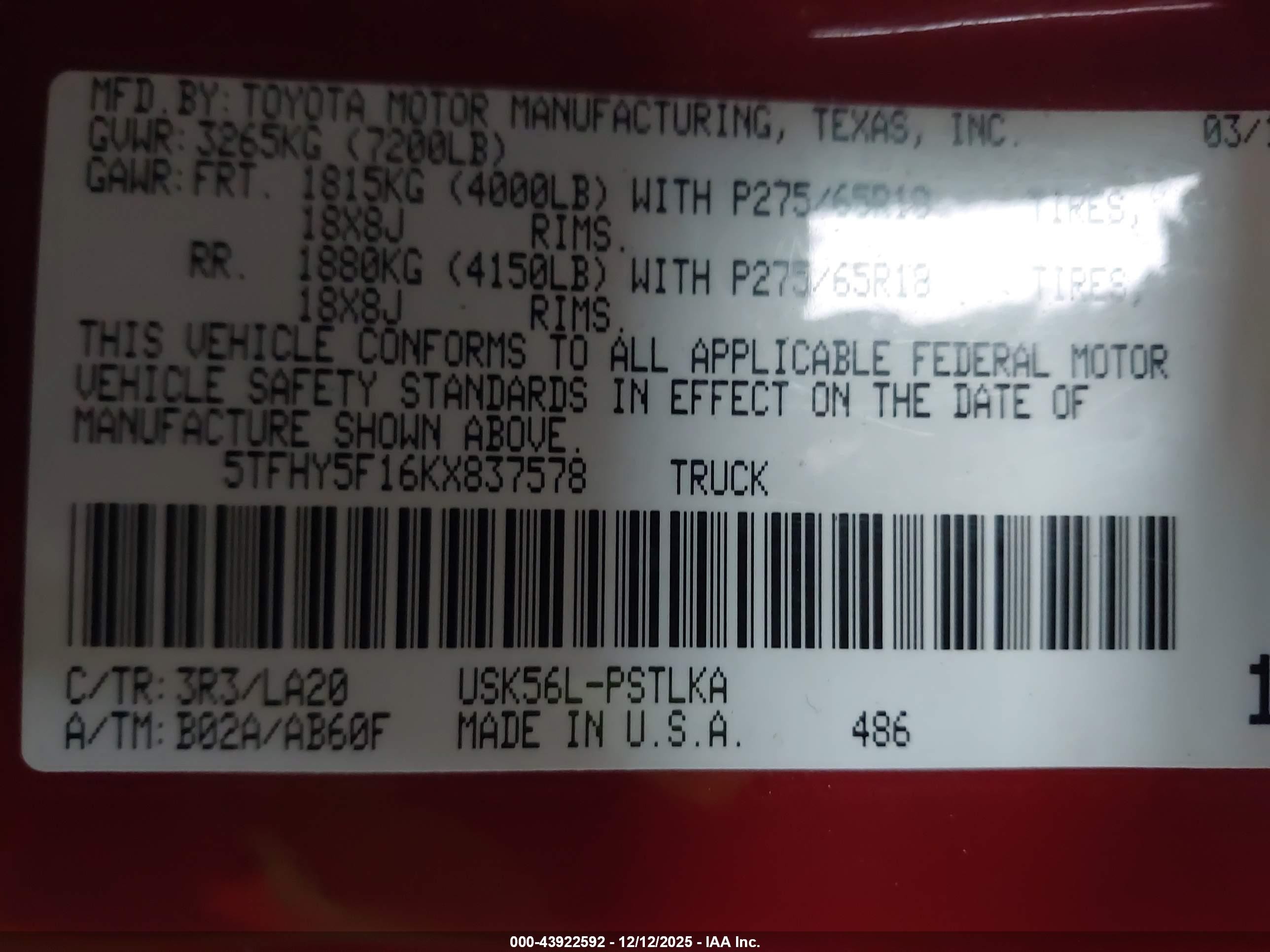 2019 Toyota Tundra Limited 5.7l V8 Red vin: 5TFHY5F16KX837578