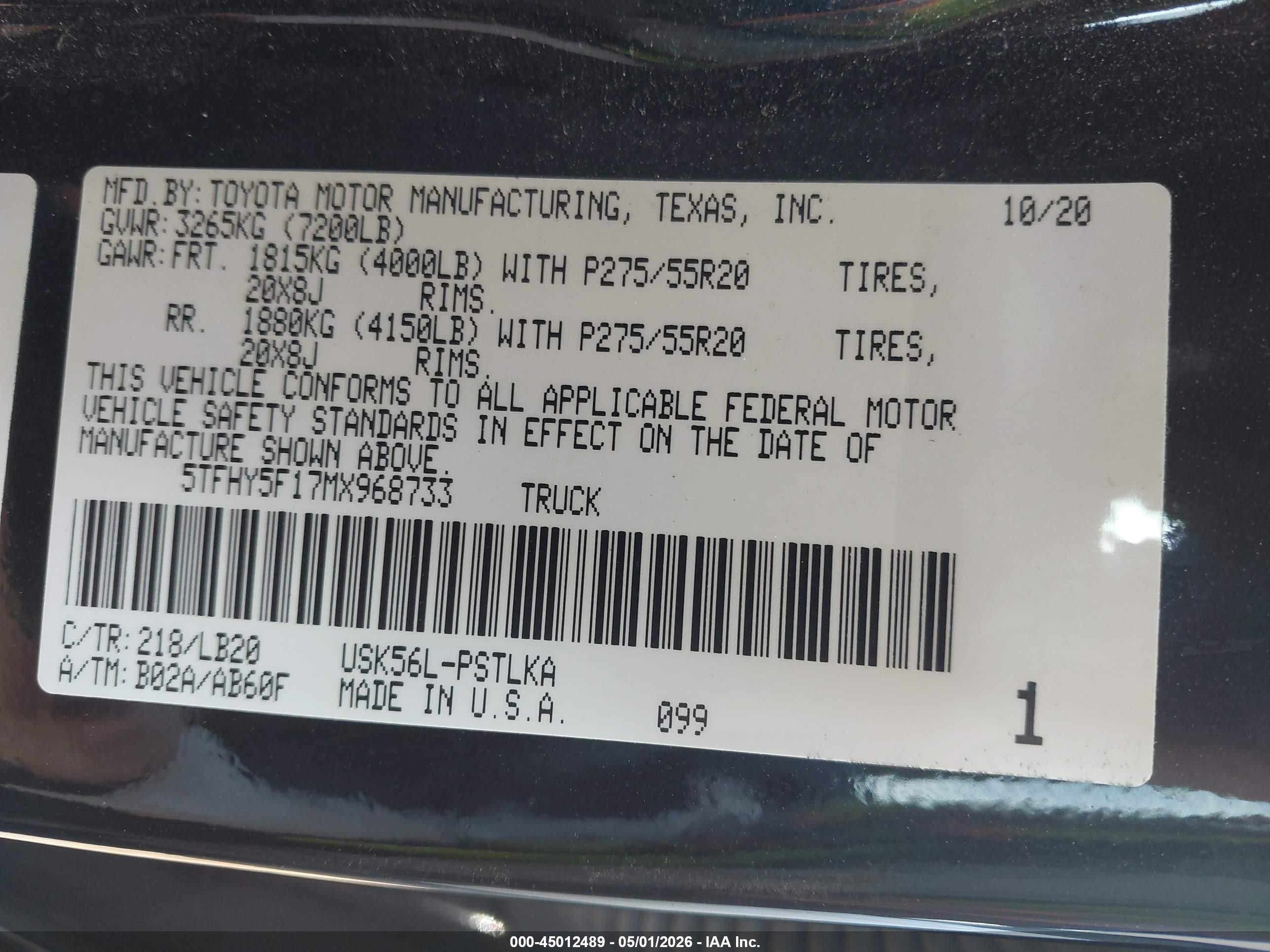 2021 Toyota Tundra Limited Черный vin: 5TFHY5F17MX968733