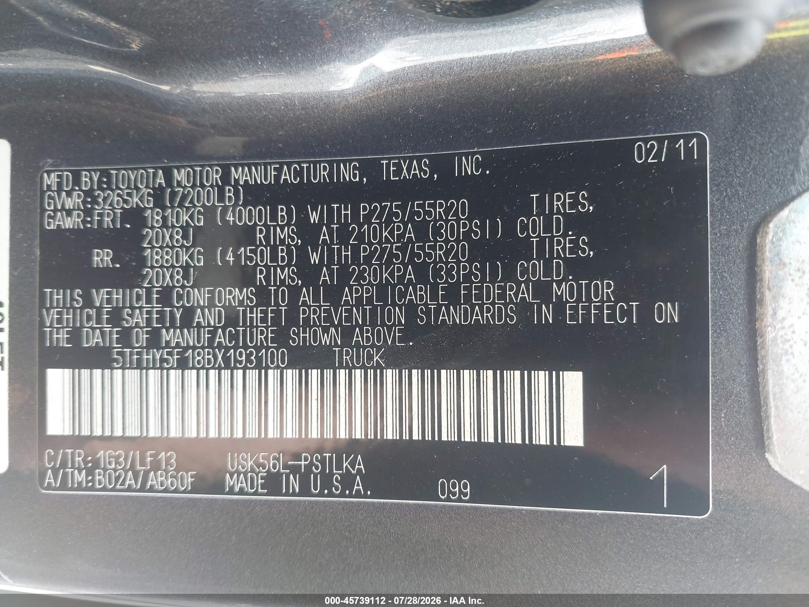 2011 Toyota Tundra Limited 5.7l V8 Gray vin: 5TFHY5F18BX193100