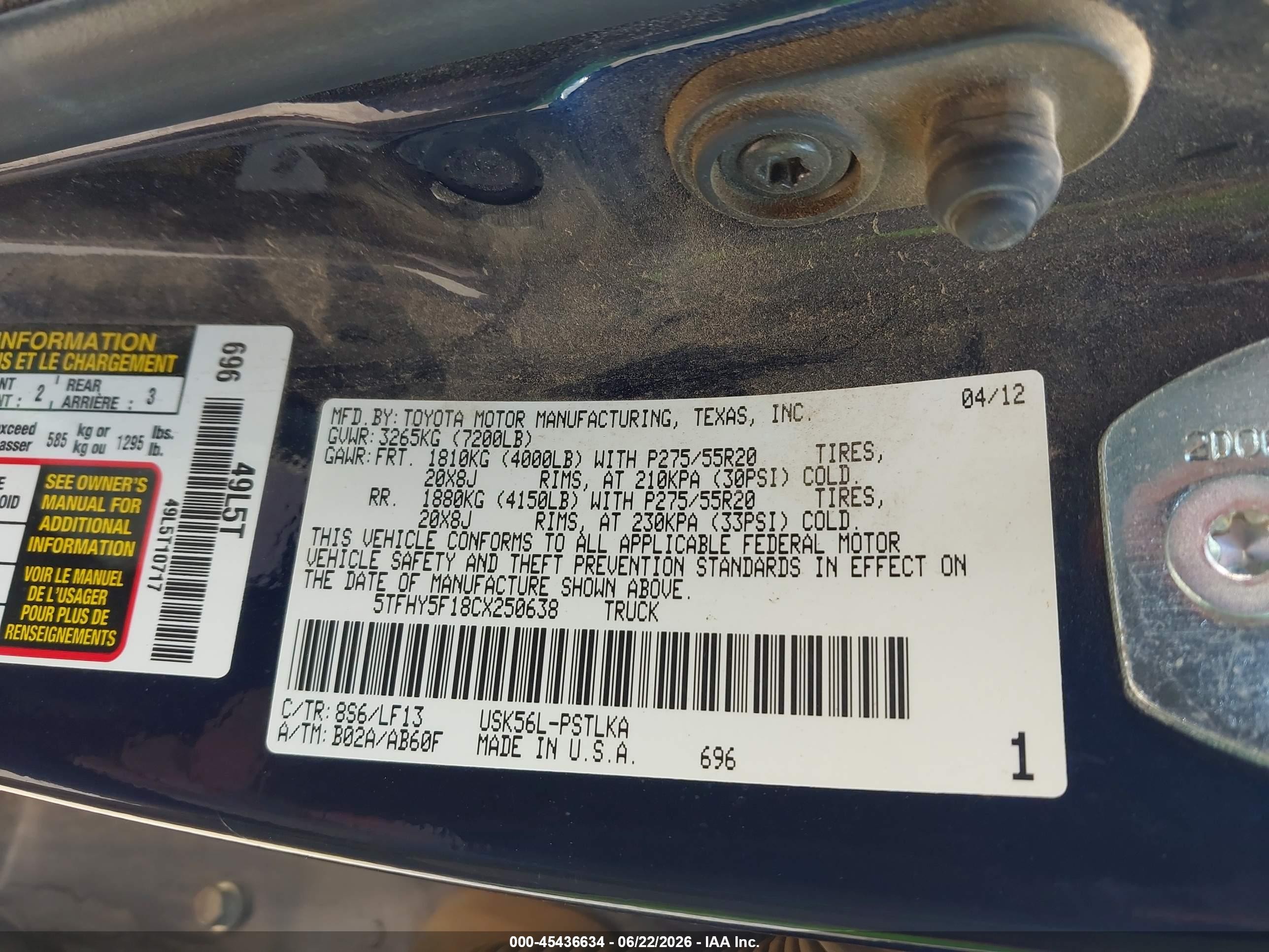 2012 Toyota Tundra Limited 5.7l V8 Blue vin: 5TFHY5F18CX250638