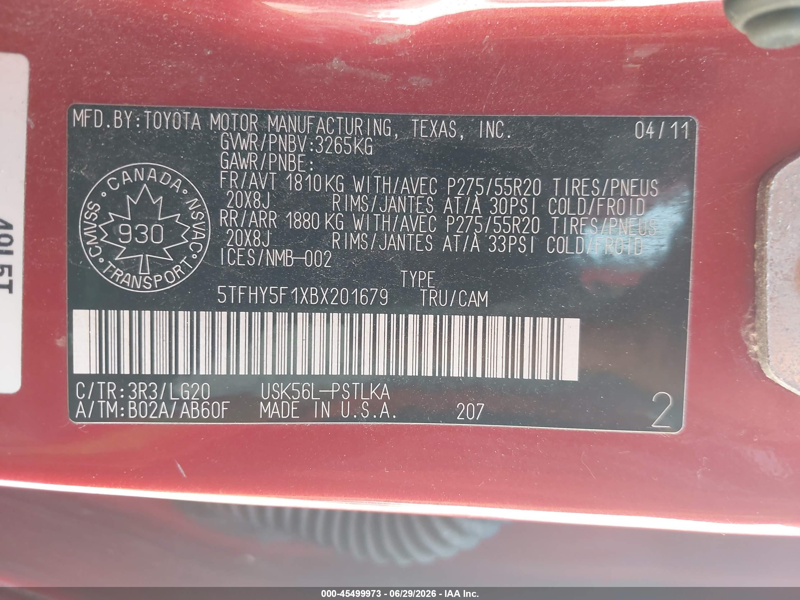 2011 Toyota Tundra Limited 5.7l V8 Red vin: 5TFHY5F1XBX201679
