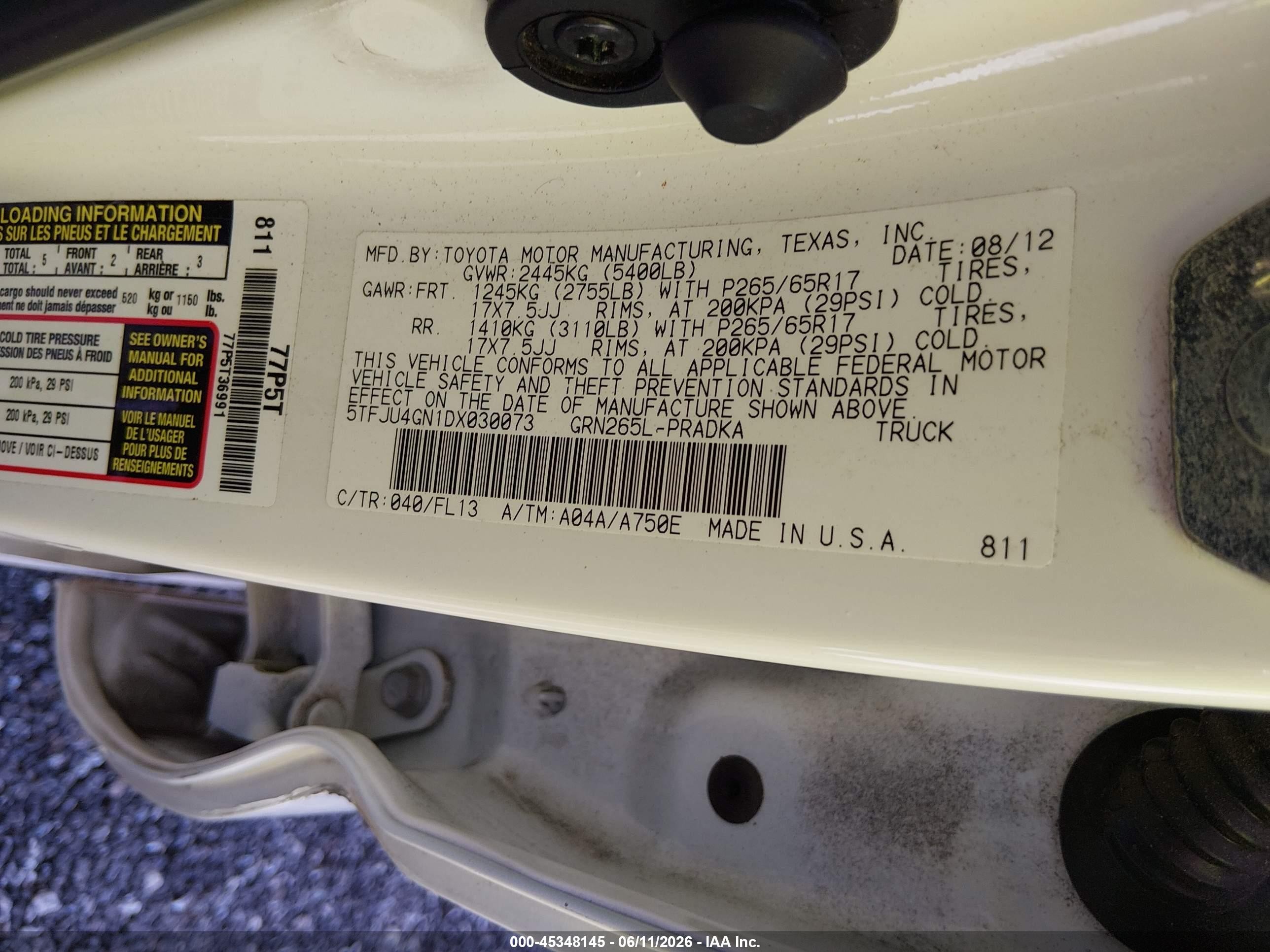2013 Toyota Tacoma Prerunner V6 White vin: 5TFJU4GN1DX030073