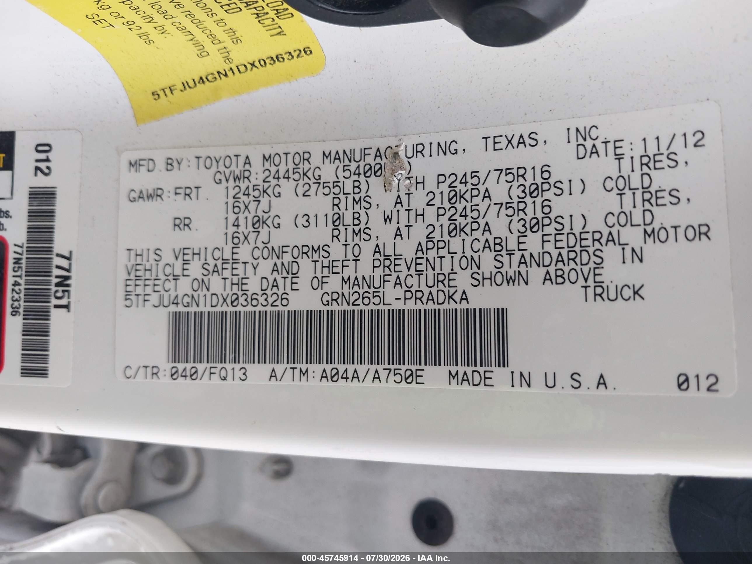 2013 Toyota Tacoma Prerunner V6 White vin: 5TFJU4GN1DX036326