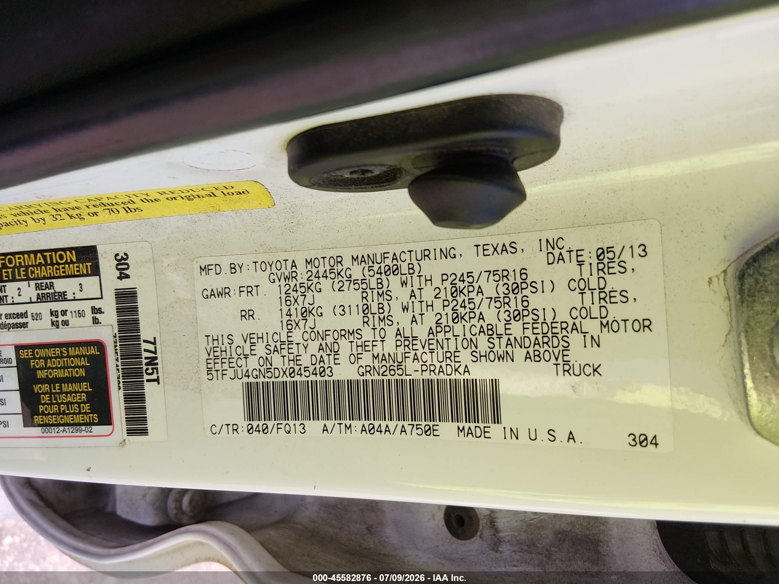 2013 Toyota Tacoma Prerunner V6 White vin: 5TFJU4GN5DX045403