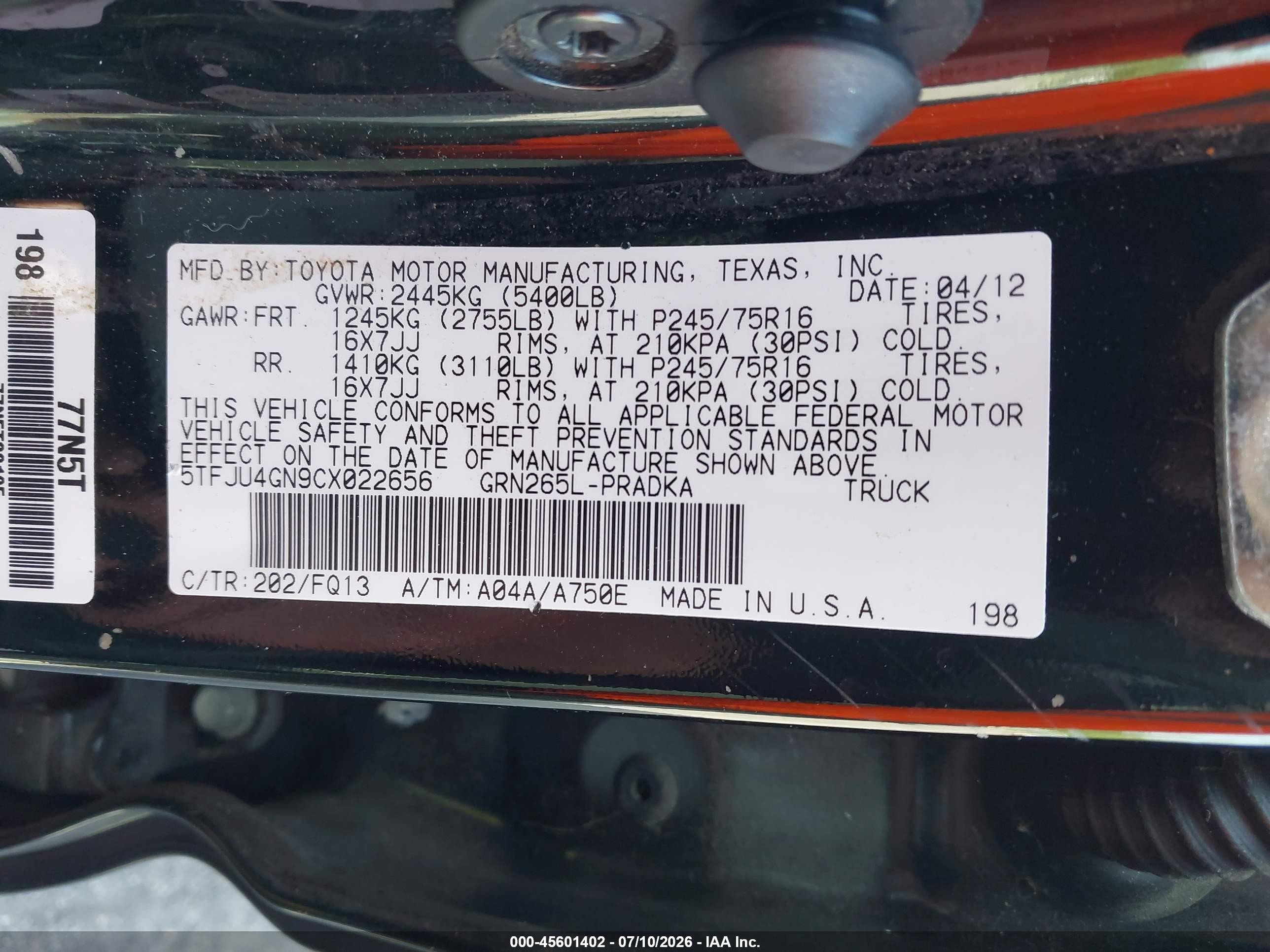 2012 Toyota Tacoma Prerunner V6 Black vin: 5TFJU4GN9CX022656