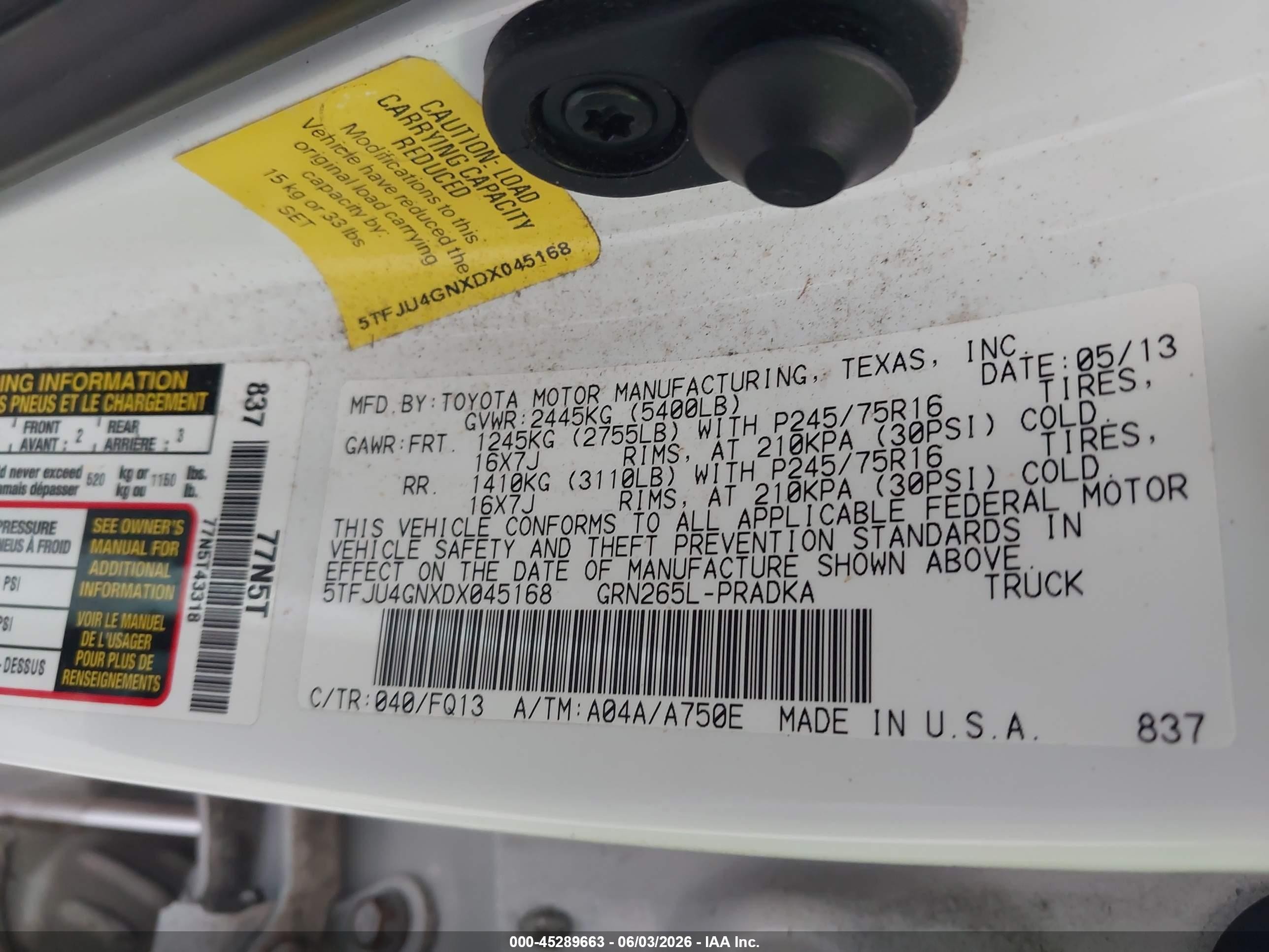 2013 Toyota Tacoma Prerunner V6 White vin: 5TFJU4GNXDX045168