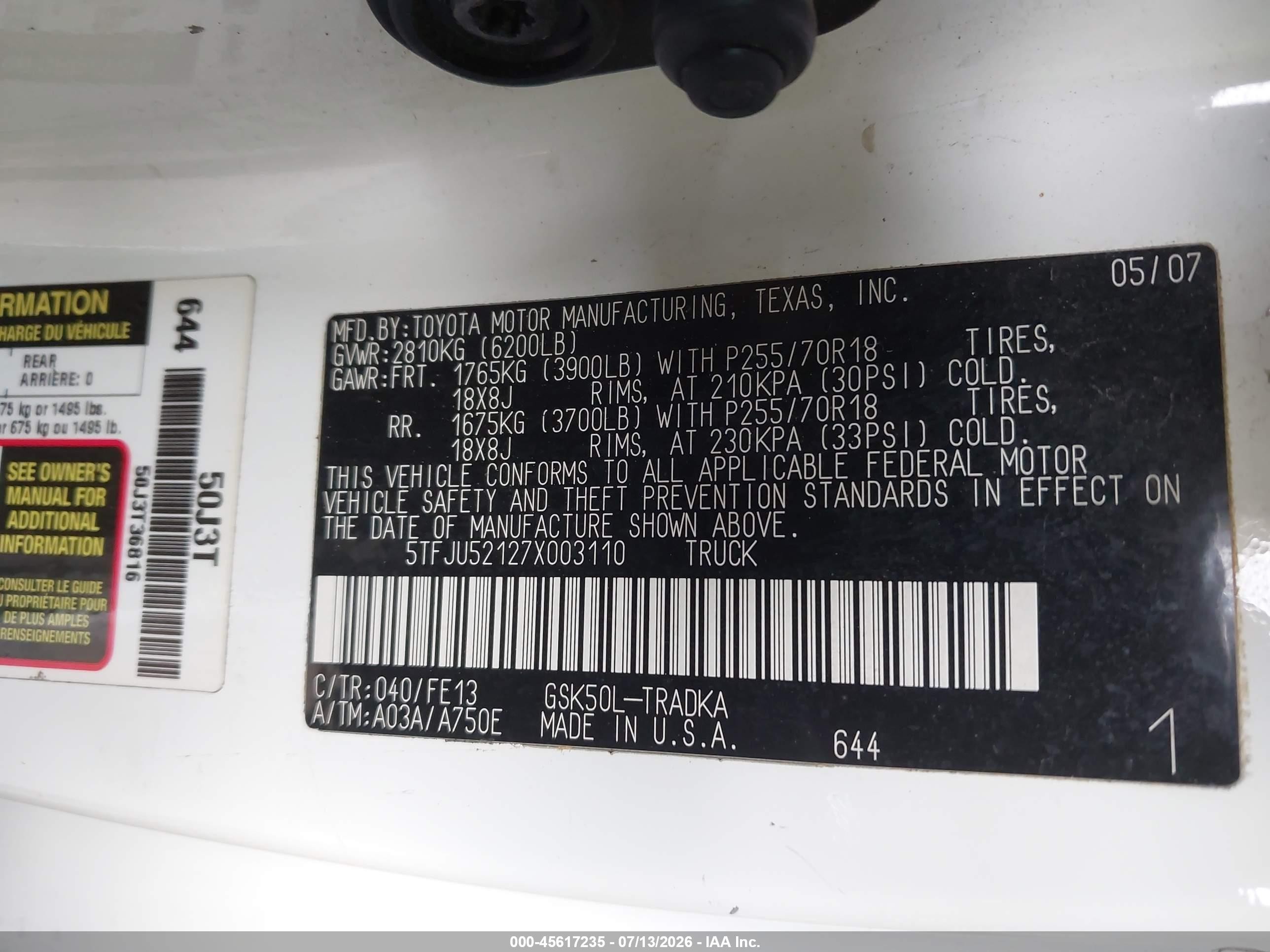 2007 Toyota Tundra Base V6 White vin: 5TFJU52127X003110