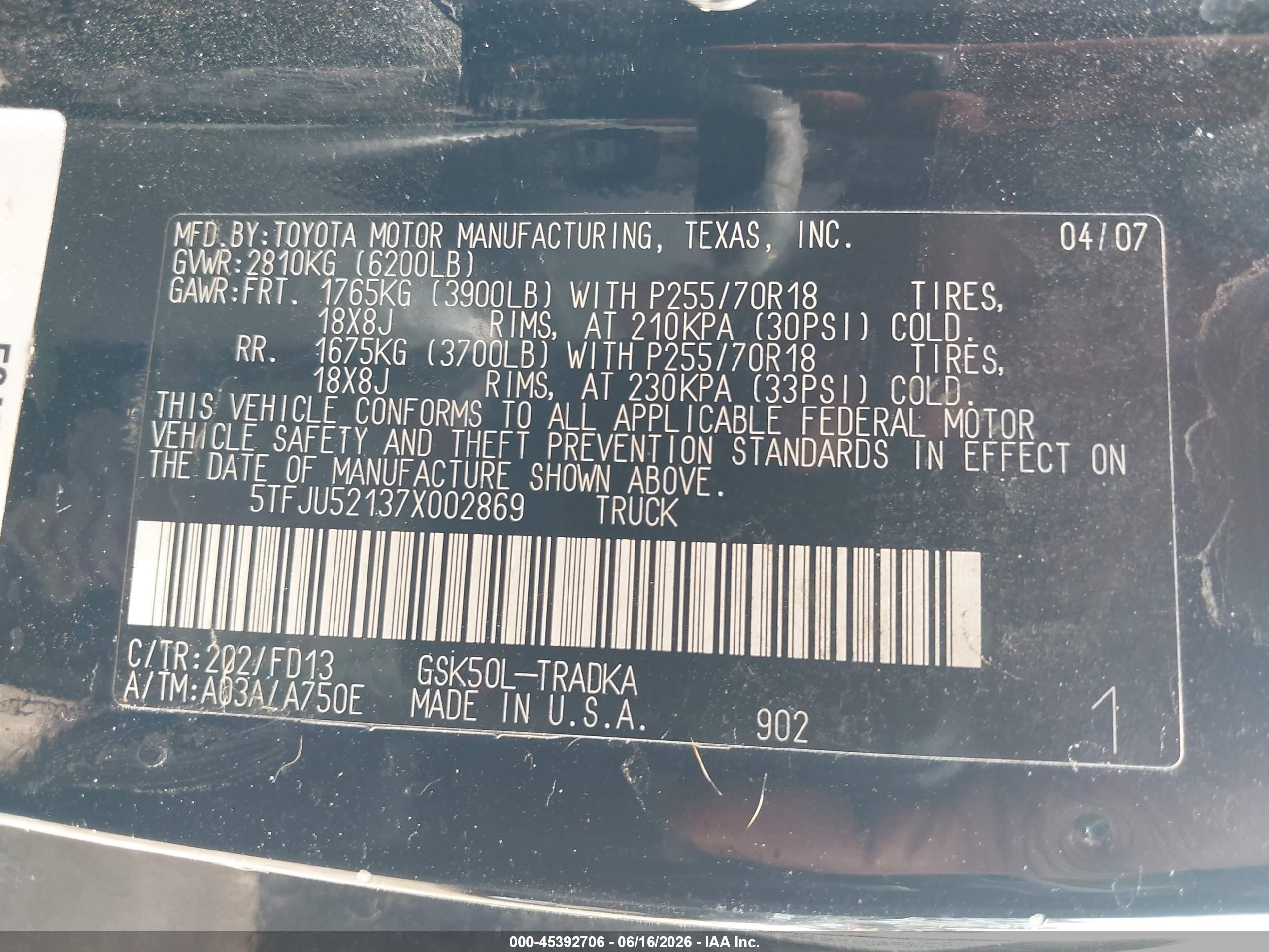 2007 Toyota Tundra Base V6 White vin: 5TFJU52137X002869