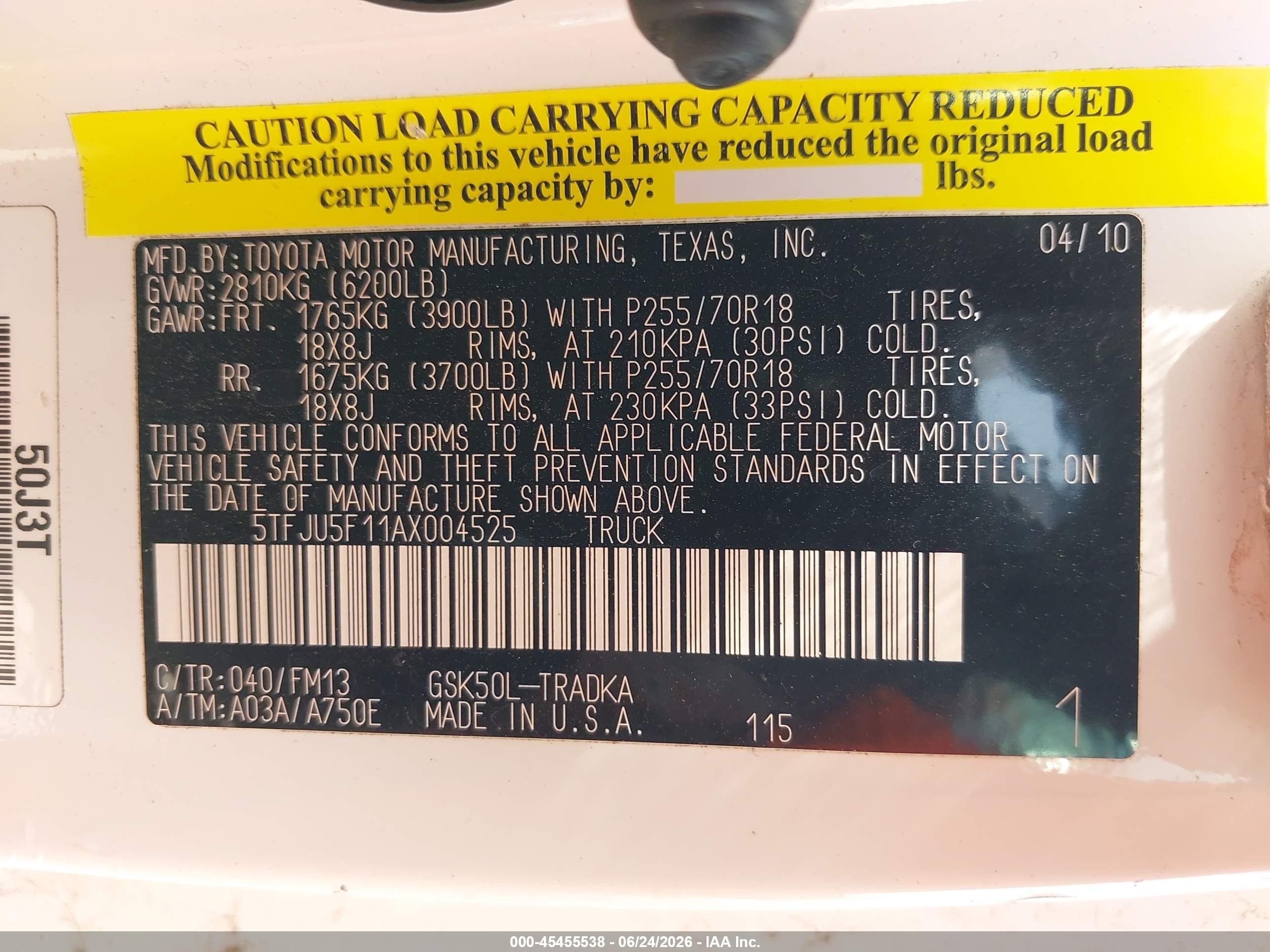 2010 Toyota Tundra Grade V6 White vin: 5TFJU5F11AX004525
