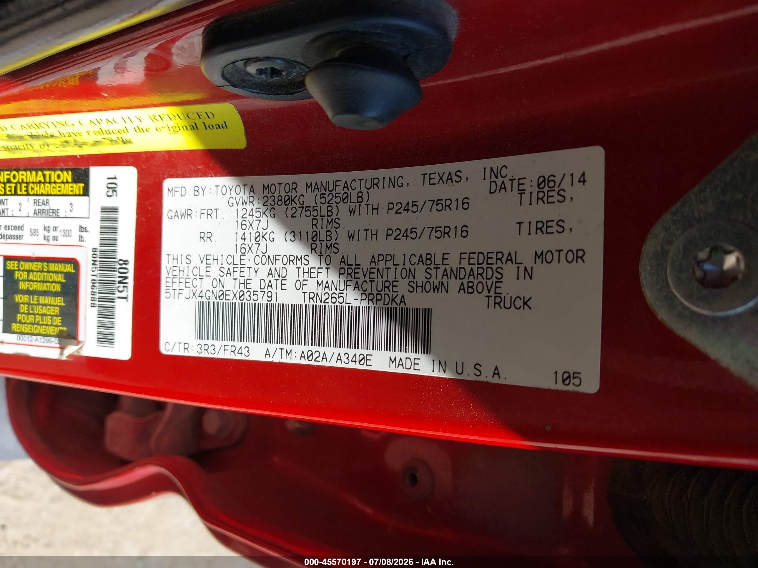 2014 Toyota Tacoma Prerunner Red vin: 5TFJX4GN0EX035791