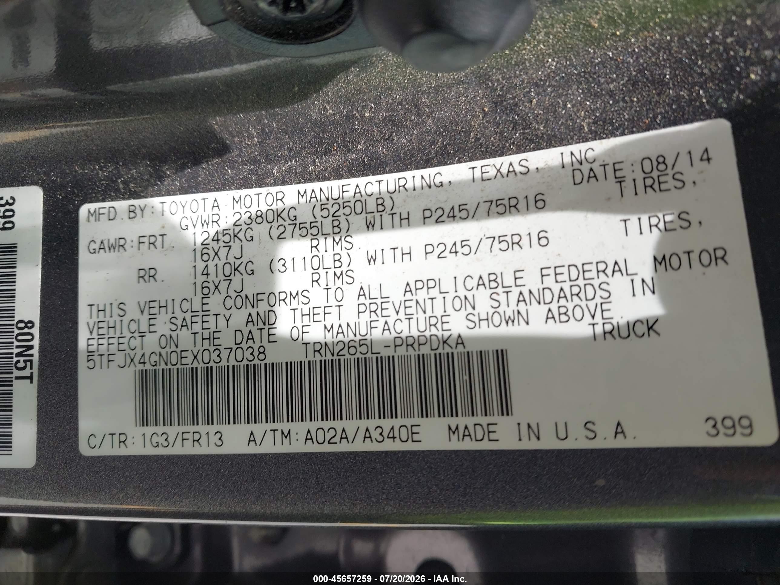 2014 Toyota Tacoma Prerunner Gray vin: 5TFJX4GN0EX037038