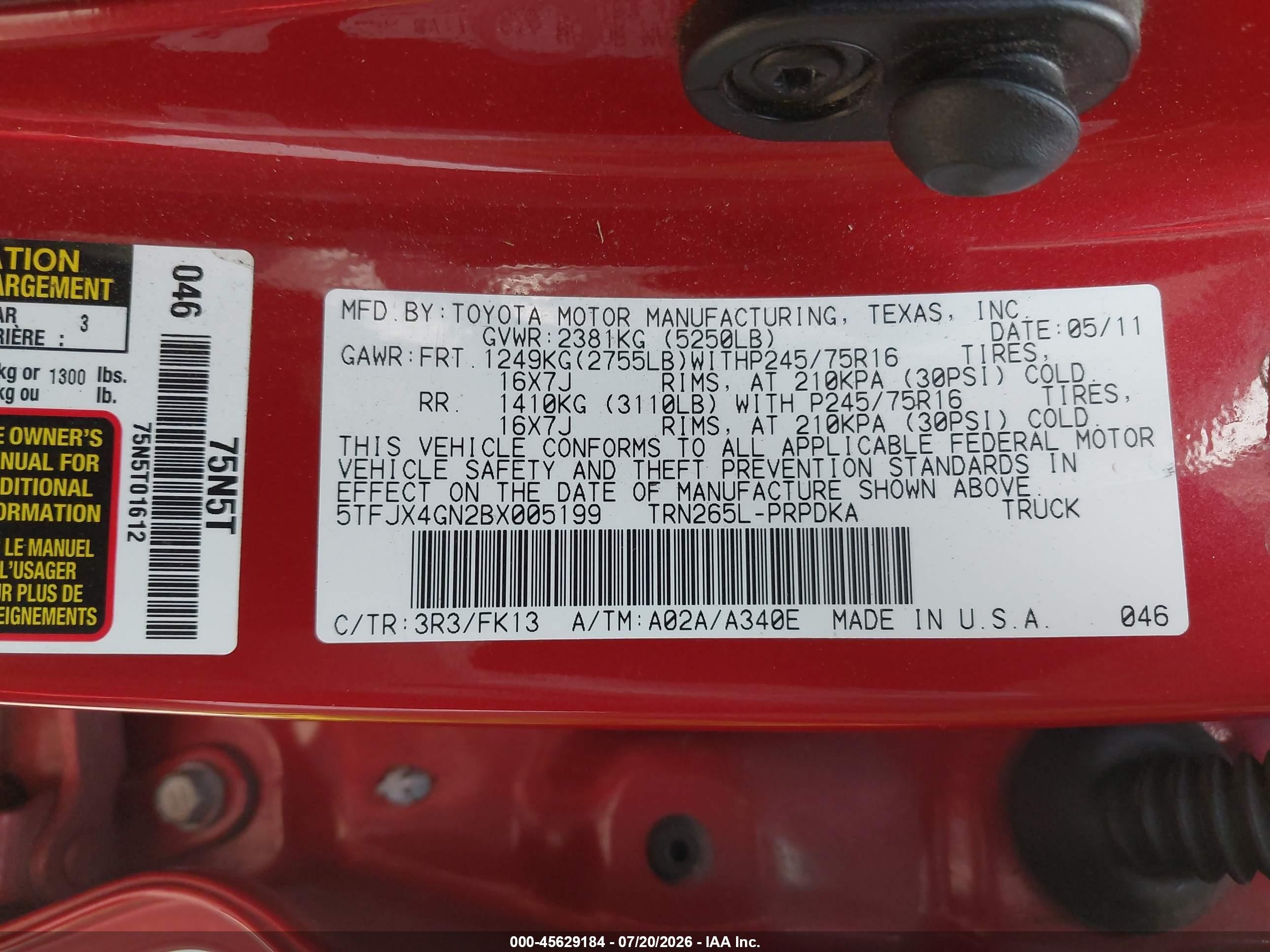 2011 Toyota Tacoma Prerunner Red vin: 5TFJX4GN2BX005199
