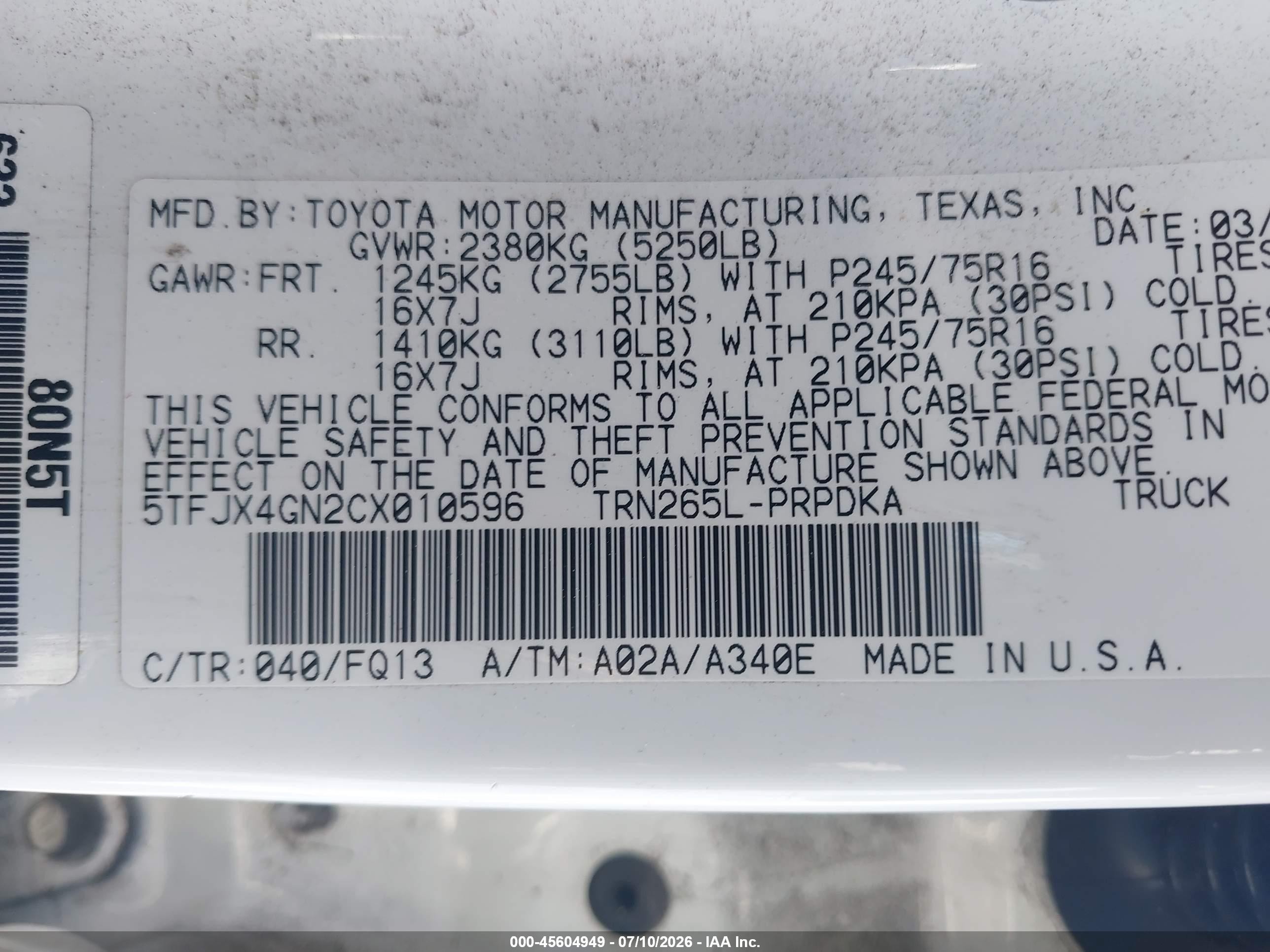2012 Toyota Tacoma Prerunner White vin: 5TFJX4GN2CX010596