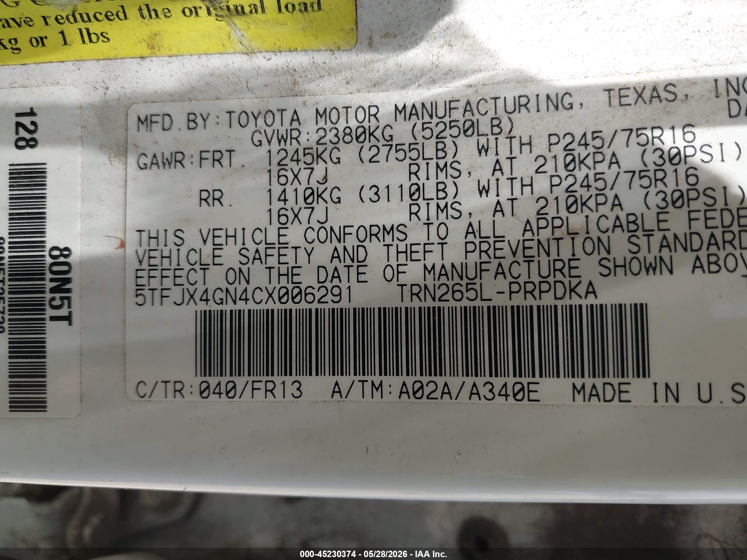 2012 Toyota Tacoma Prerunner White vin: 5TFJX4GN4CX006291
