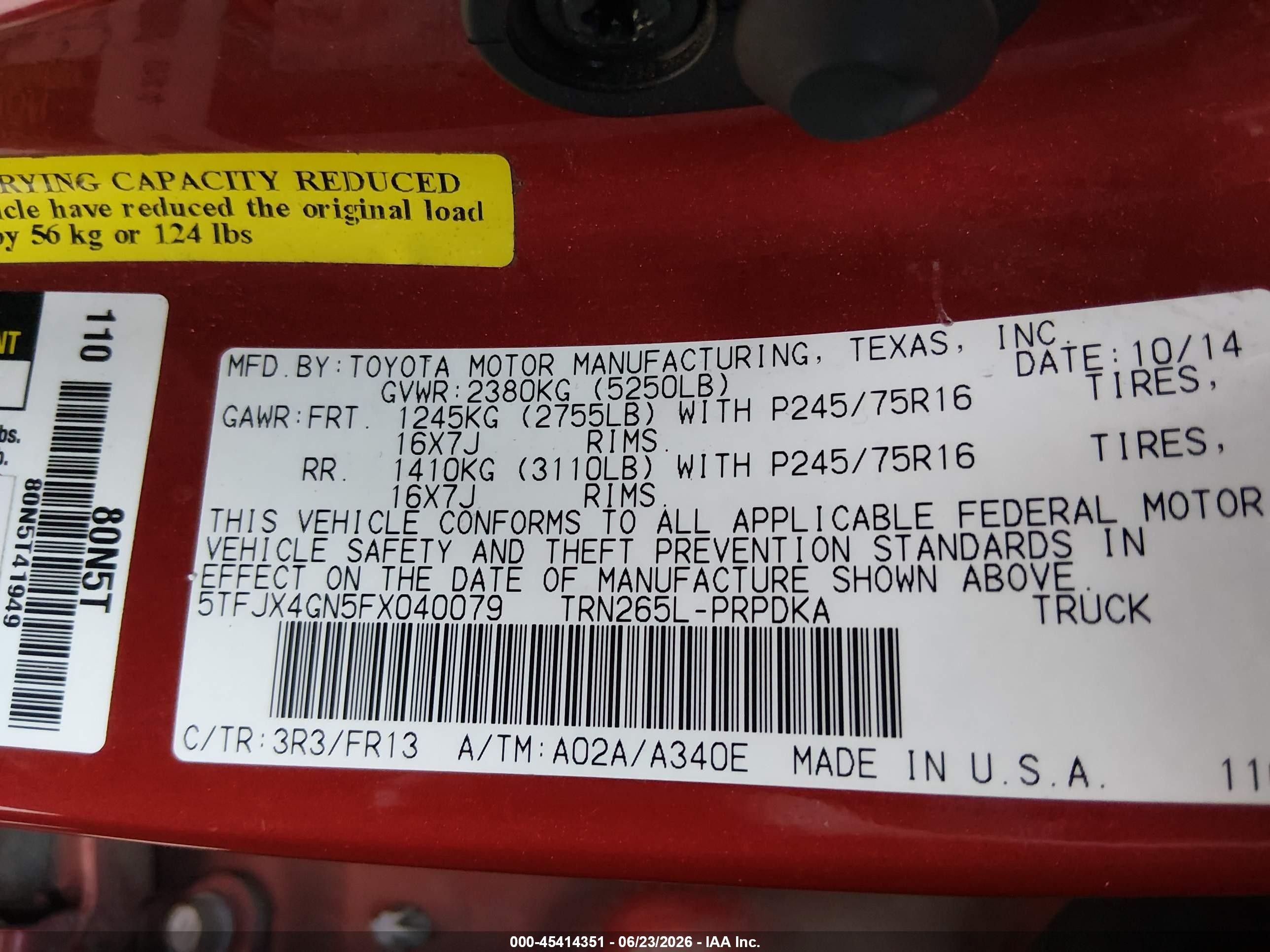 2015 Toyota Tacoma Prerunner Red vin: 5TFJX4GN5FX040079
