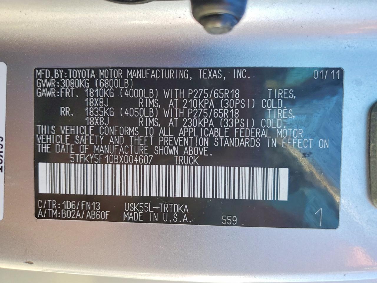 2011 Toyota Tundra Grade Серебряный vin: 5TFKY5F10BX004607