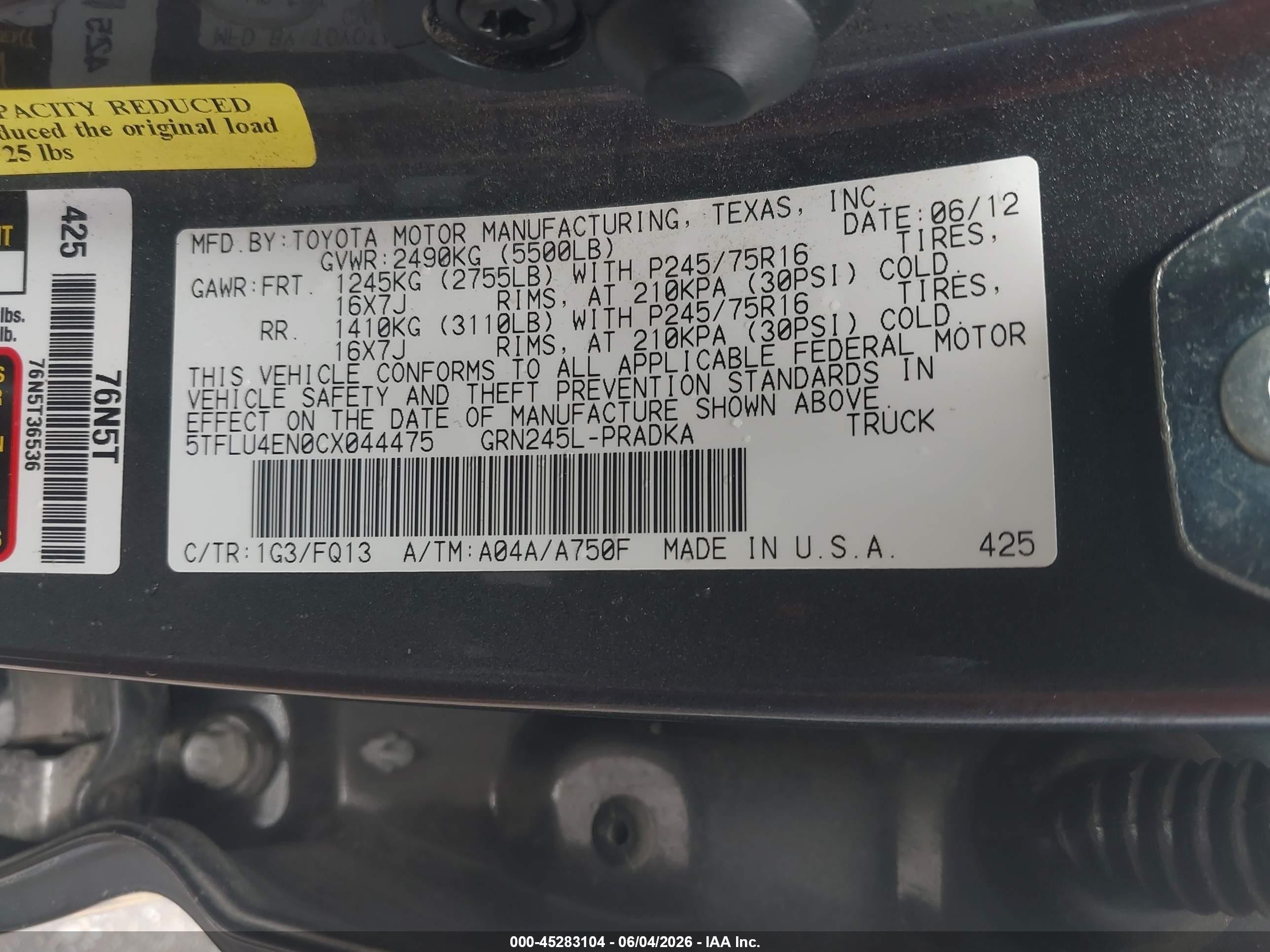 2012 Toyota Tacoma Base V6 Gray vin: 5TFLU4EN0CX044475