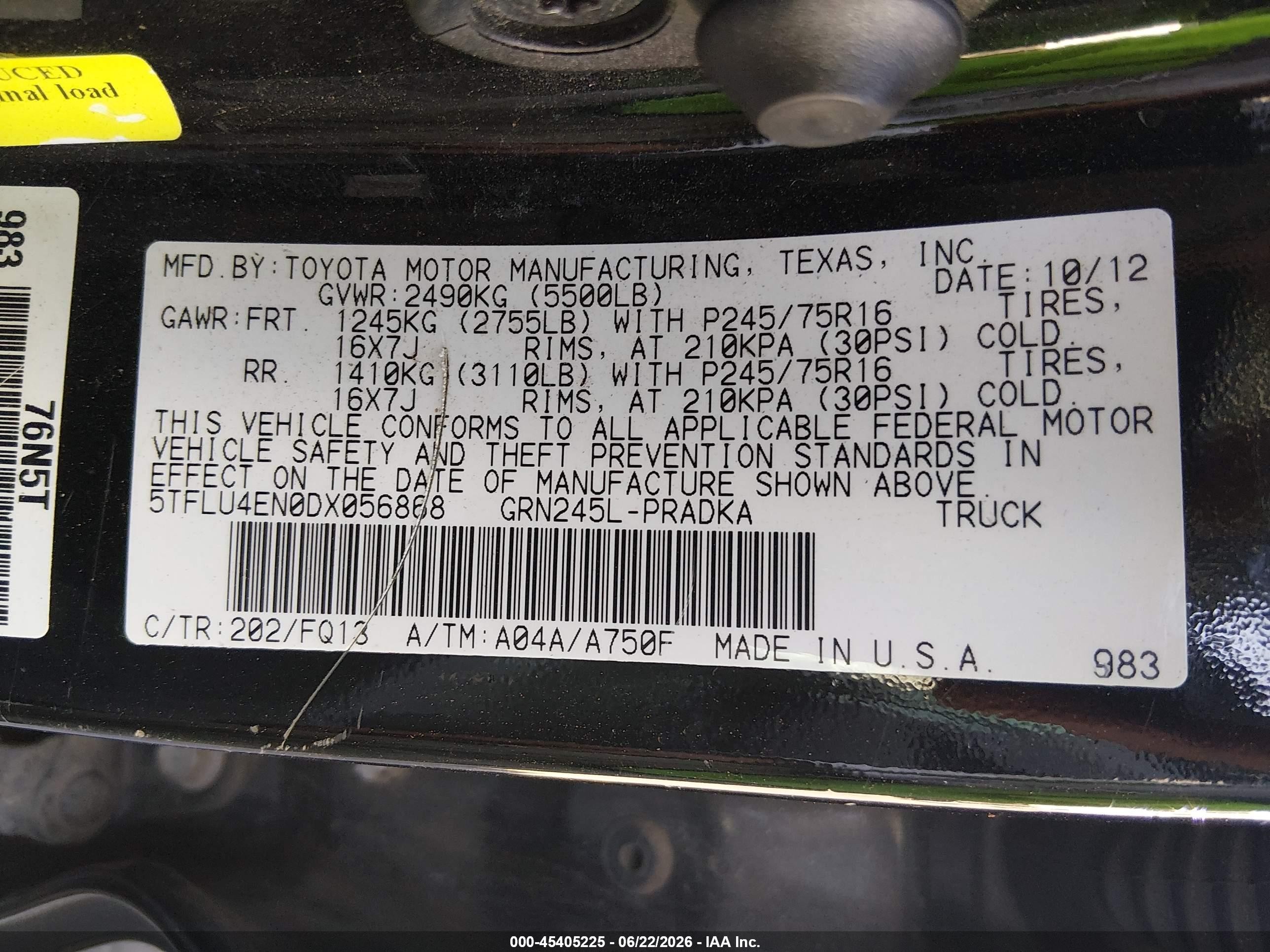 2013 Toyota Tacoma Base V6 Black vin: 5TFLU4EN0DX056868