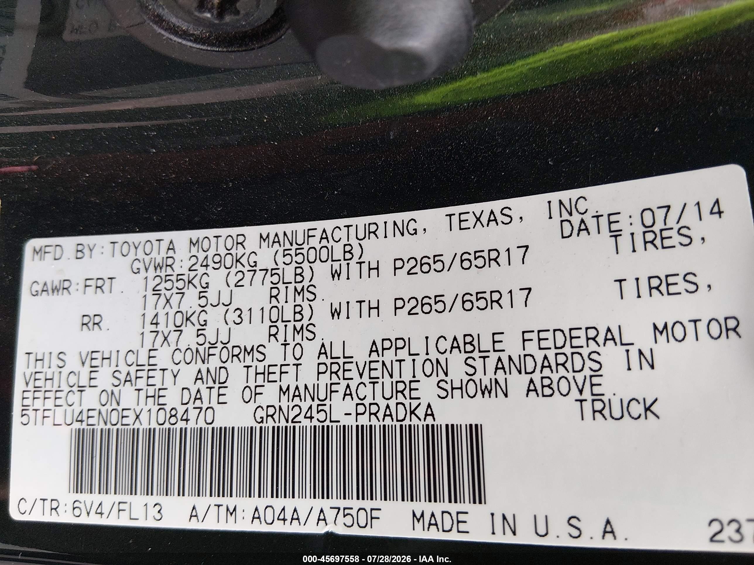 2014 Toyota Tacoma Base V6 Зеленый vin: 5TFLU4EN0EX108470