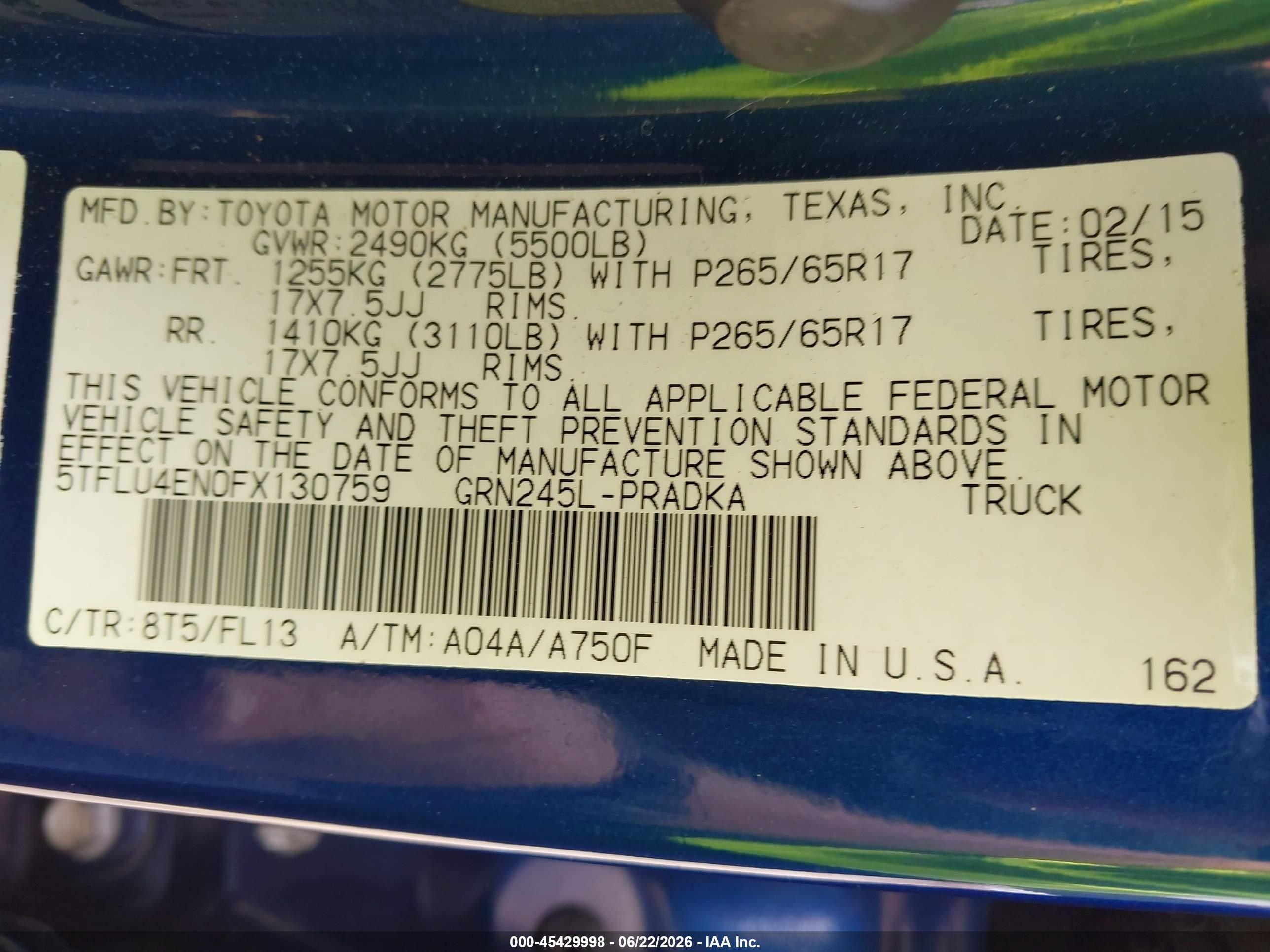 2015 Toyota Tacoma Base V6 Blue vin: 5TFLU4EN0FX130759