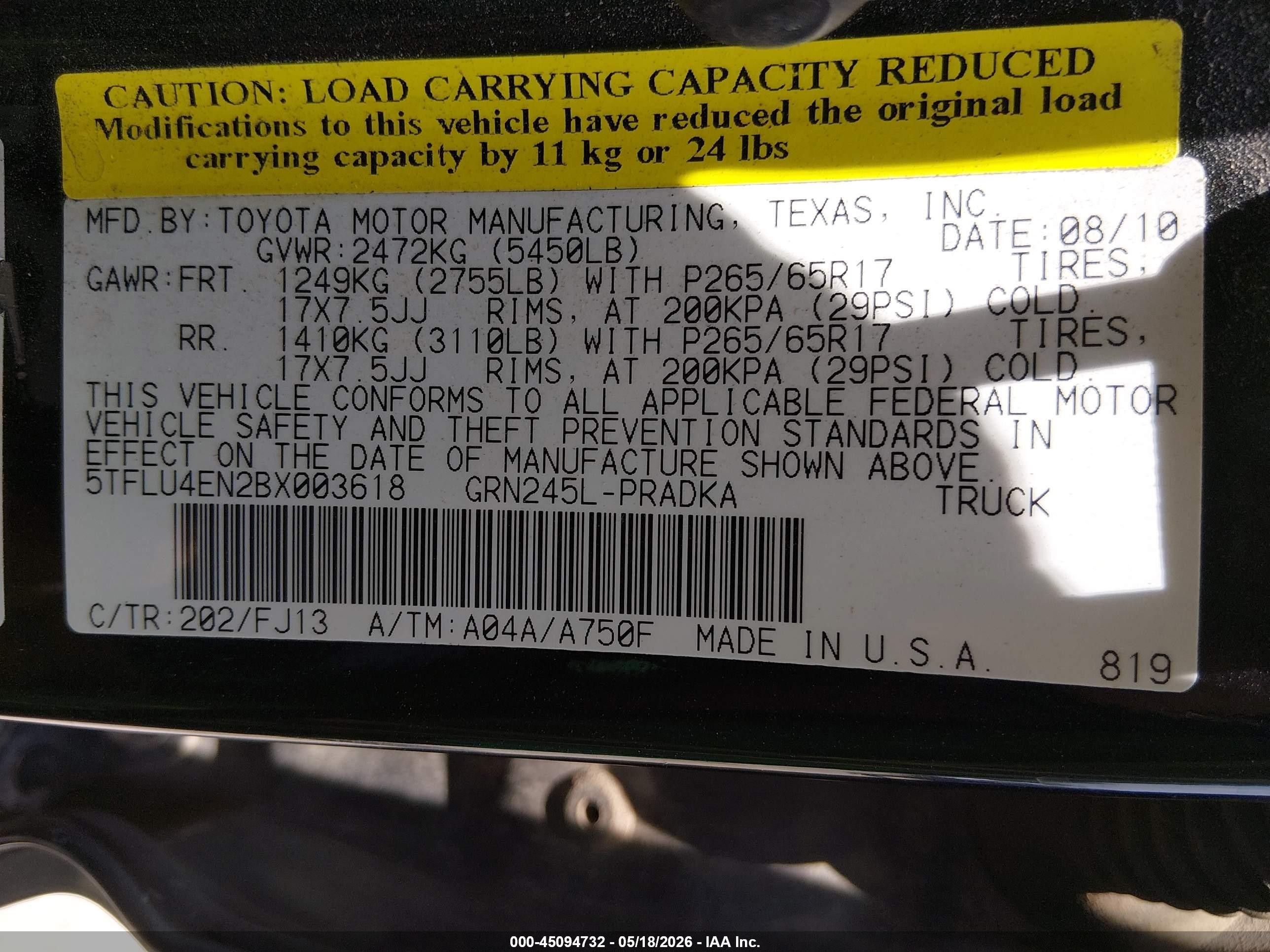 2011 Toyota Tacoma Base V6 Black vin: 5TFLU4EN2BX003618