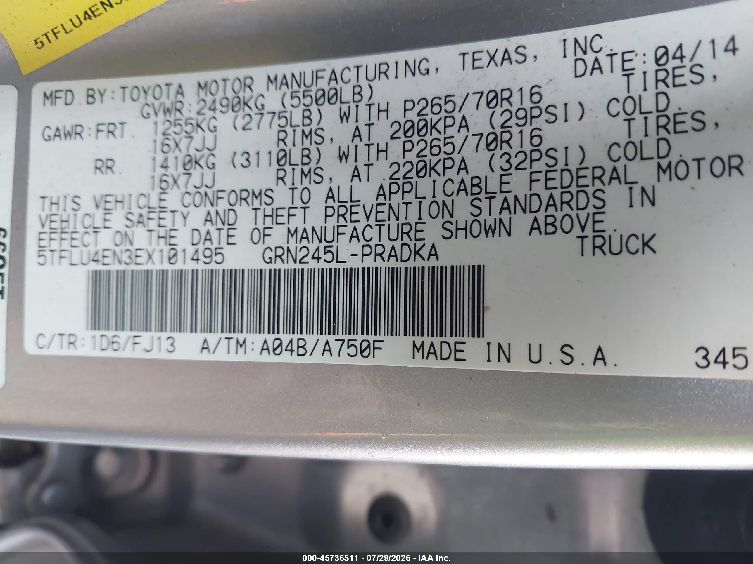 2014 Toyota Tacoma Base V6 Gray vin: 5TFLU4EN3EX101495