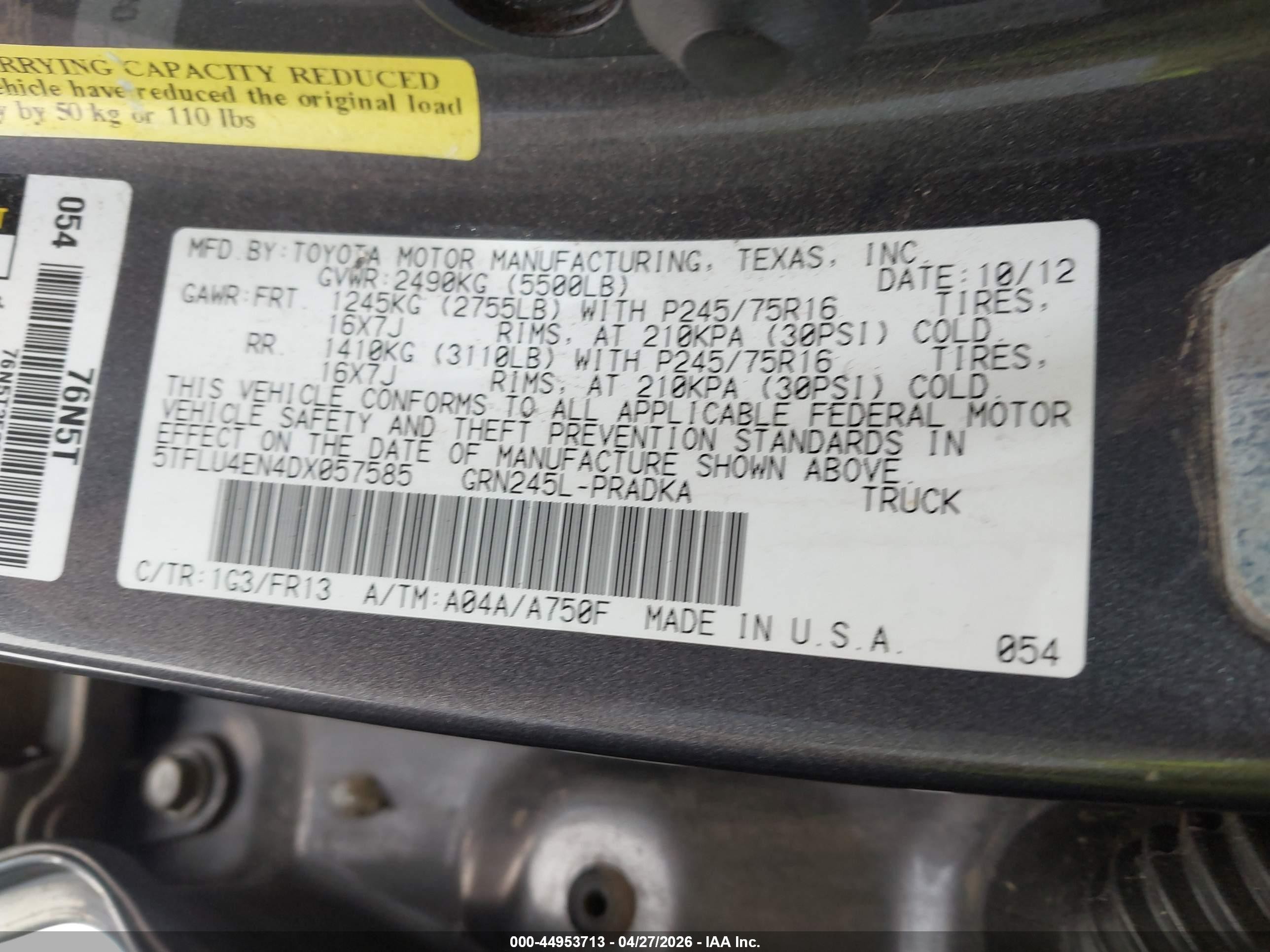 2013 Toyota Tacoma Base V6 Black vin: 5TFLU4EN4DX057585