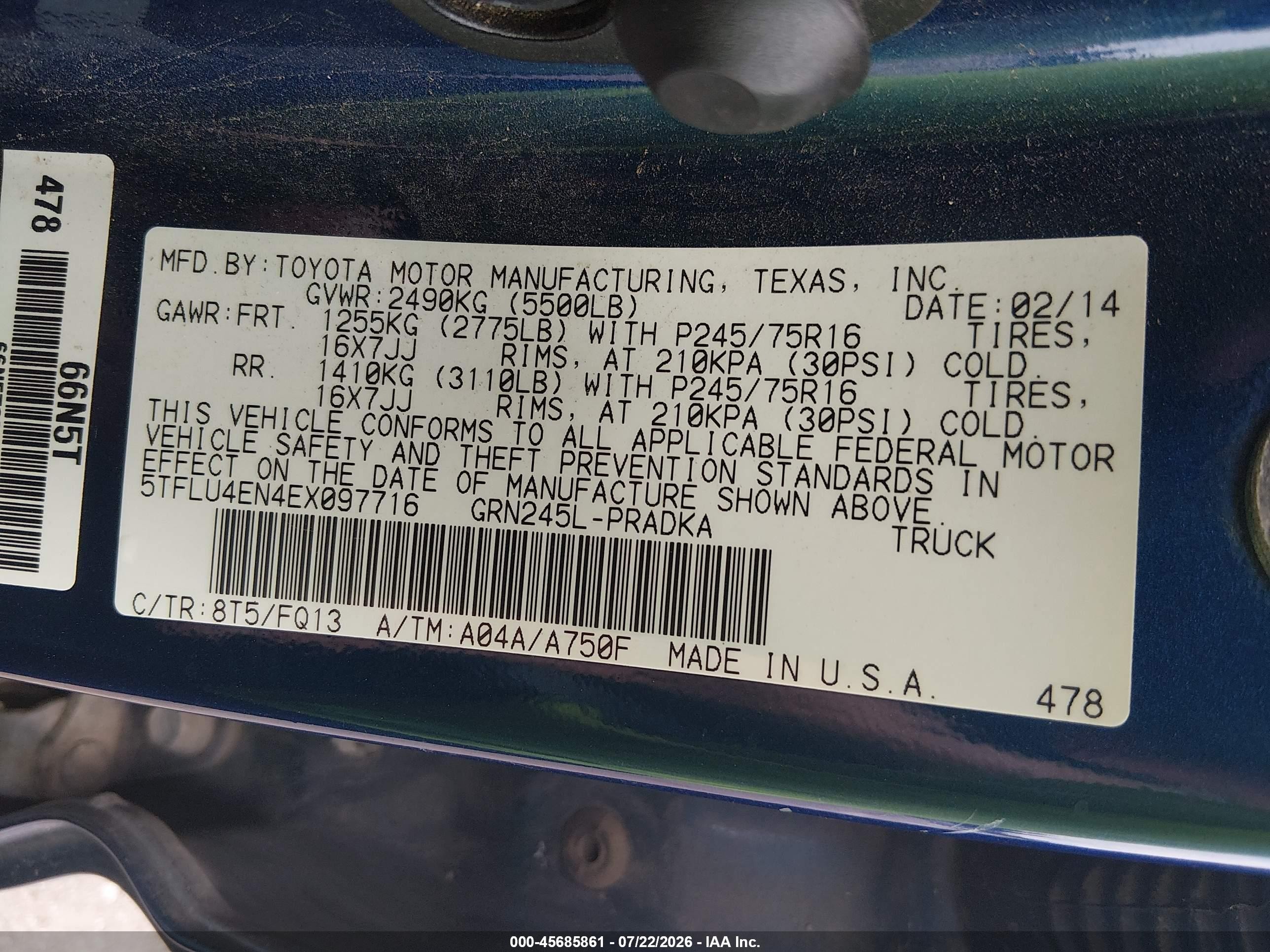 2014 Toyota Tacoma Base V6 Blue vin: 5TFLU4EN4EX097716