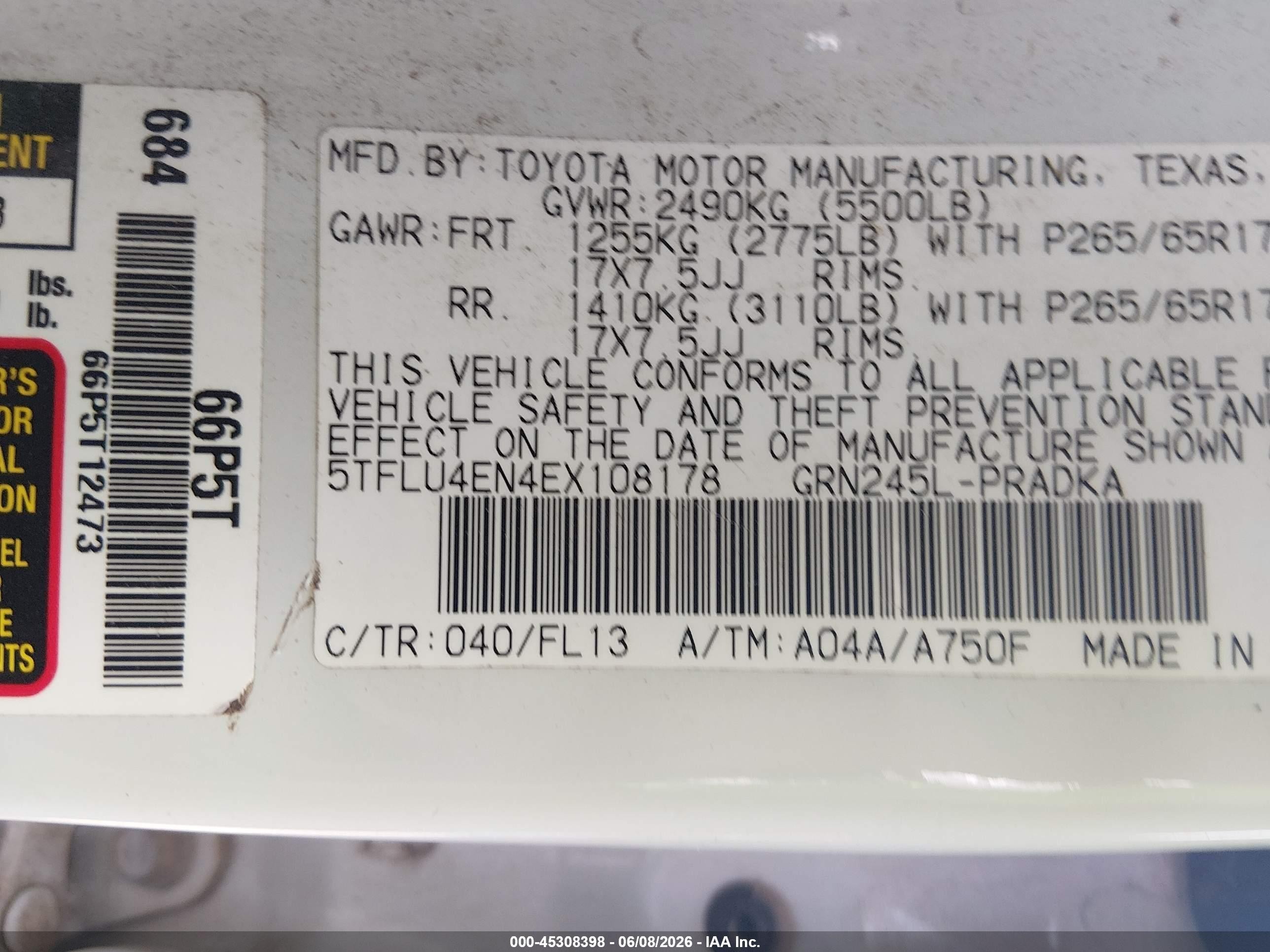 2014 Toyota Tacoma Base V6 White vin: 5TFLU4EN4EX108178