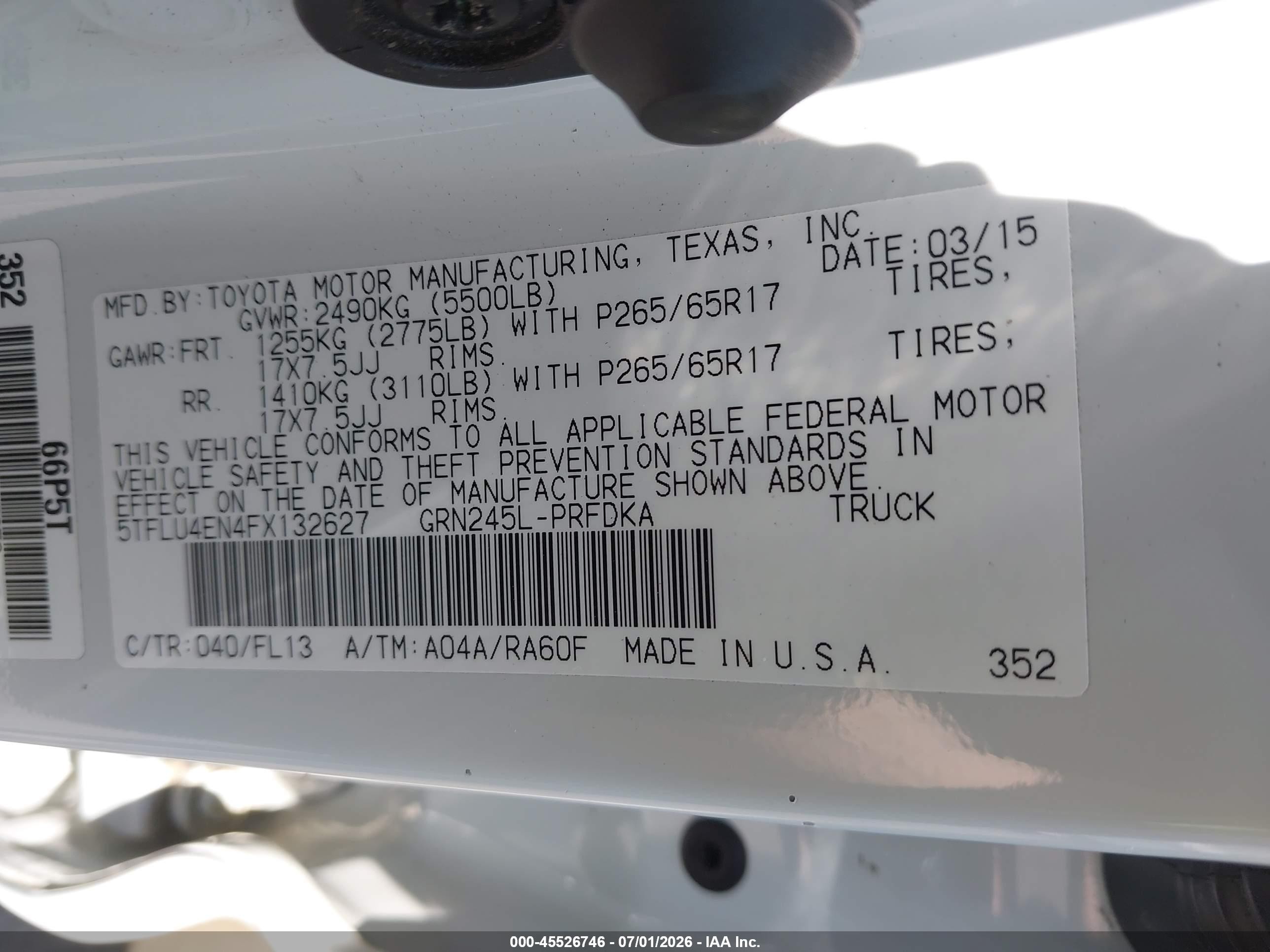 2015 Toyota Tacoma Base V6 White vin: 5TFLU4EN4FX132627